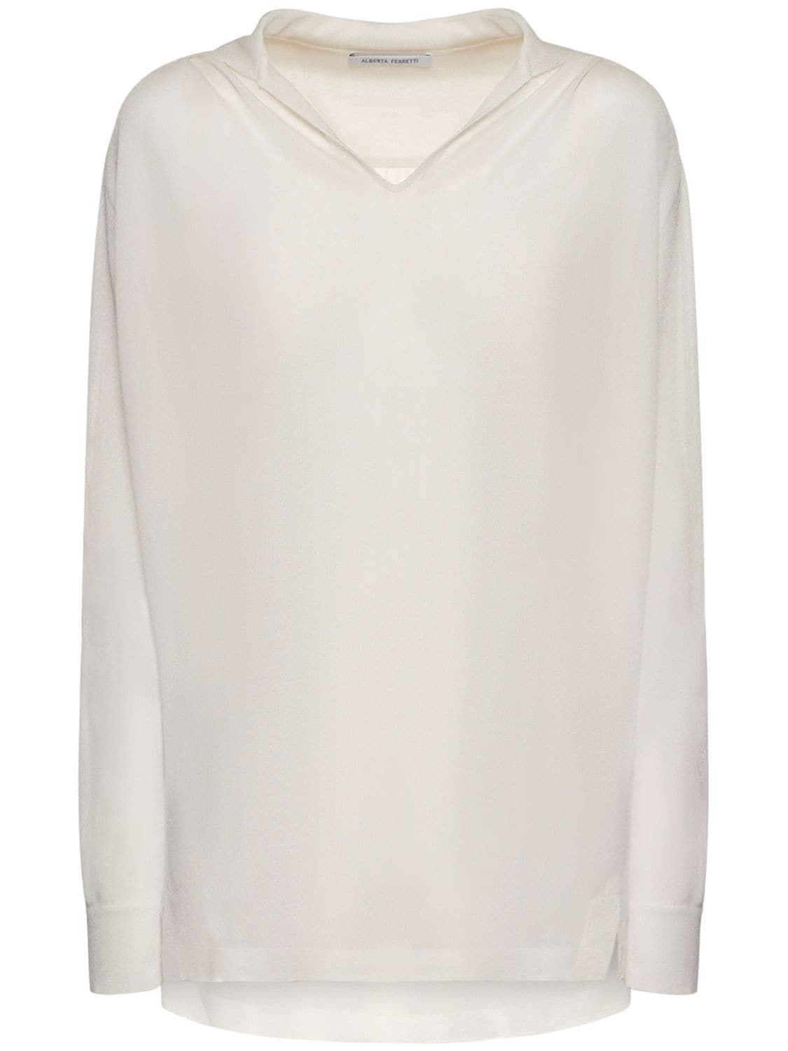 Alberta Ferretti Viscose Crepe V-neck Long Sleeve Top In 화이트