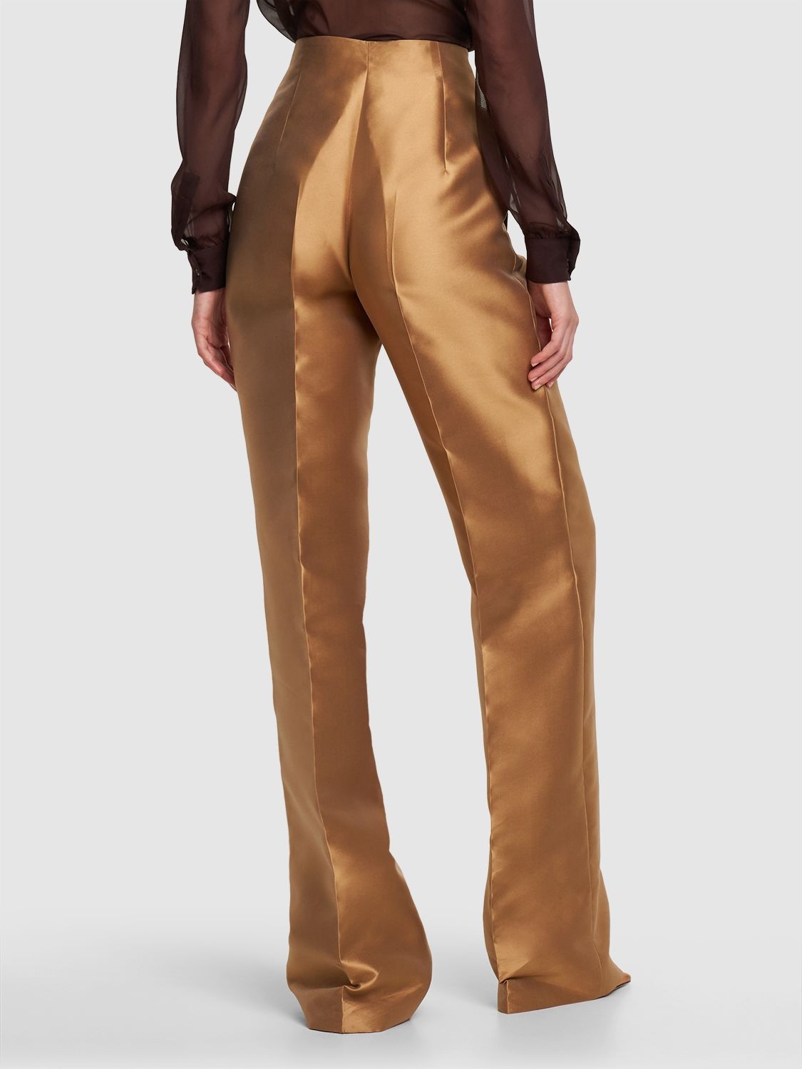 Shop Alberta Ferretti High Rise Mikado Silk Blend Wide Pants In Dark Gold
