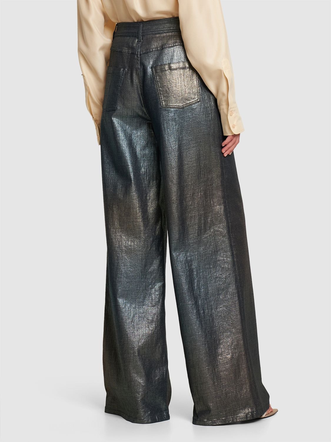Shop Alberta Ferretti Metallic Denim High Rise Wide Jeans In 다크 실버