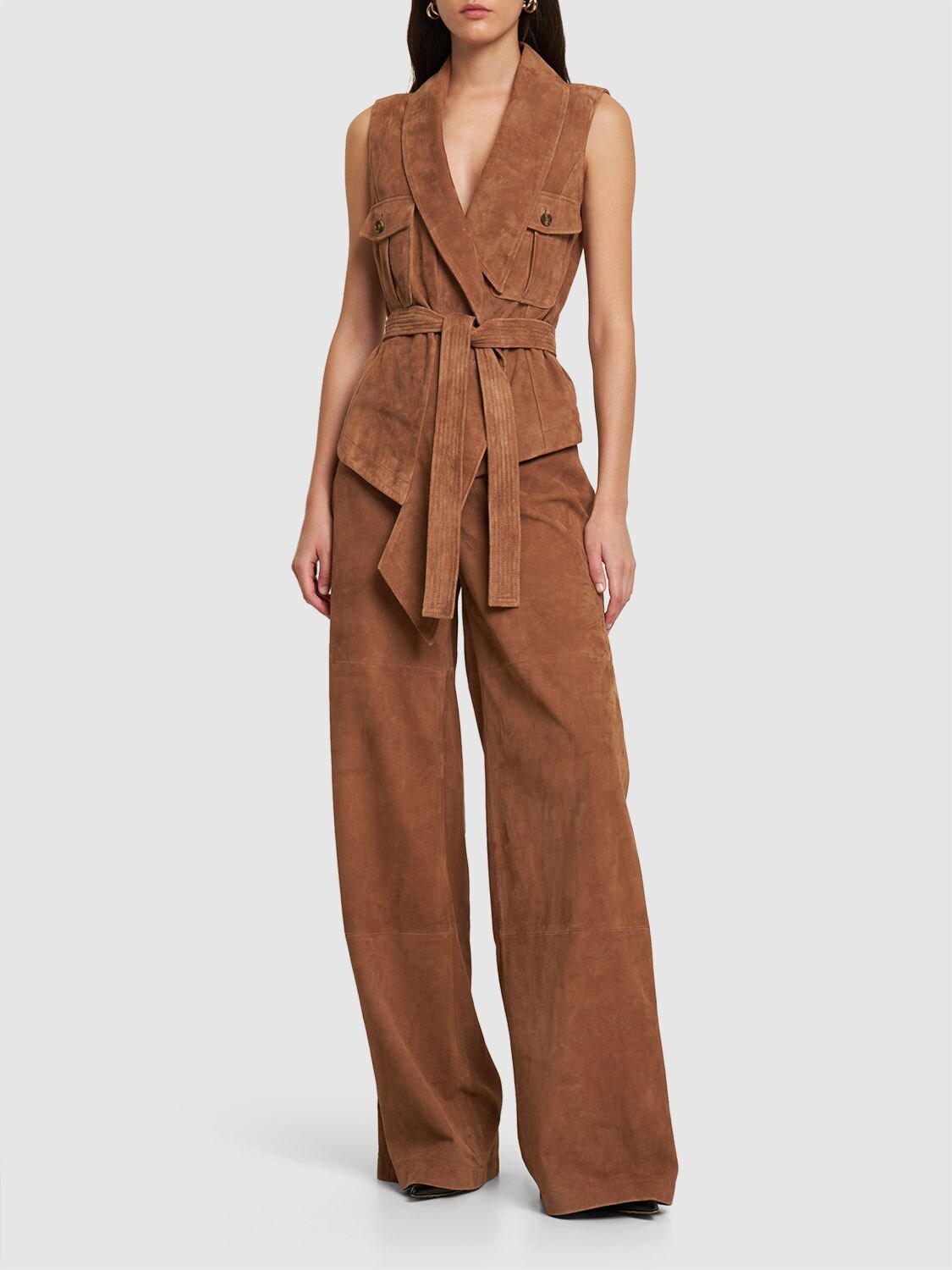 Shop Alberta Ferretti Suede Leather Belted V-neck Vest In 베이지