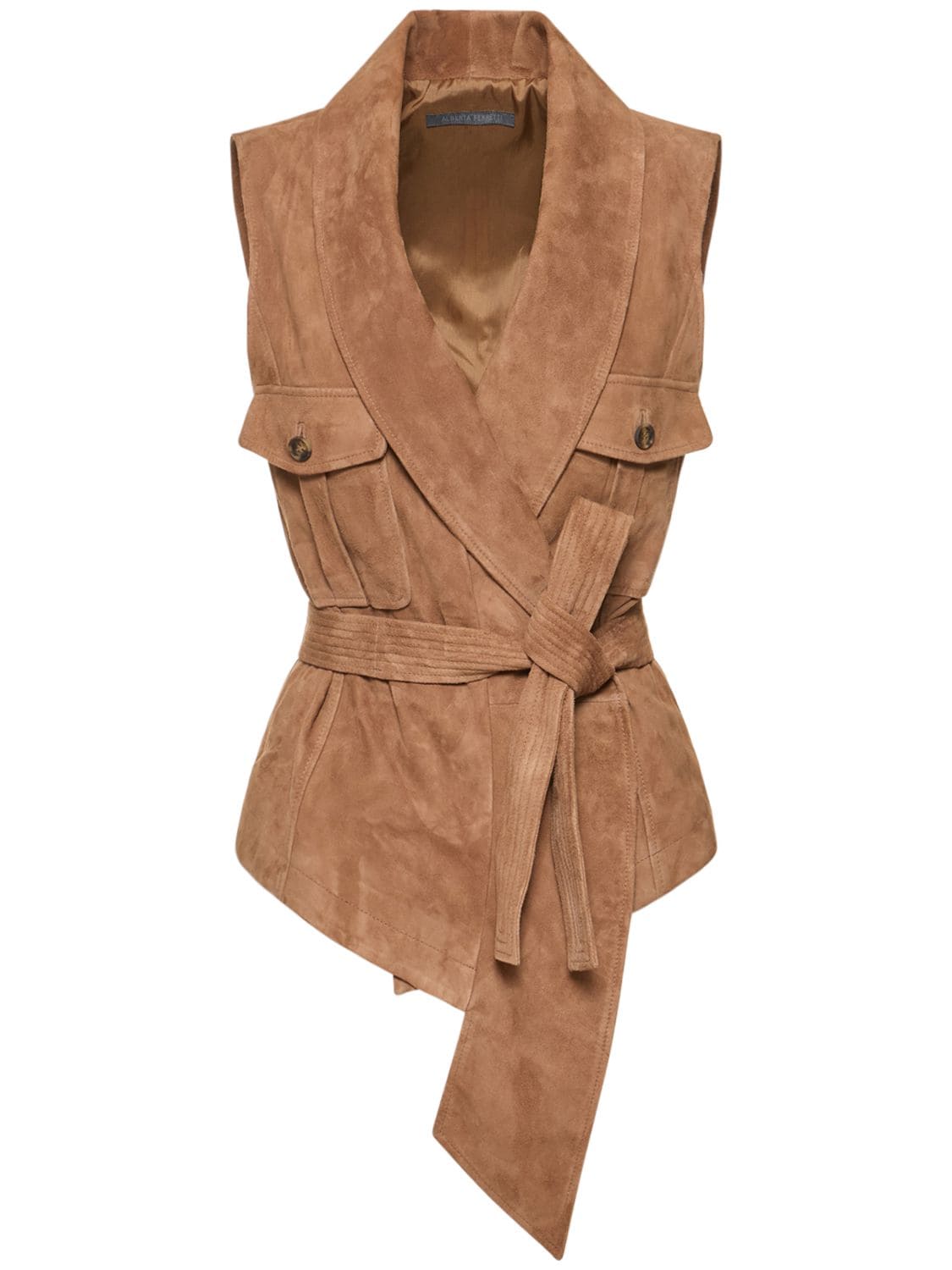 Shop Alberta Ferretti Suede Leather Belted V-neck Vest In 베이지