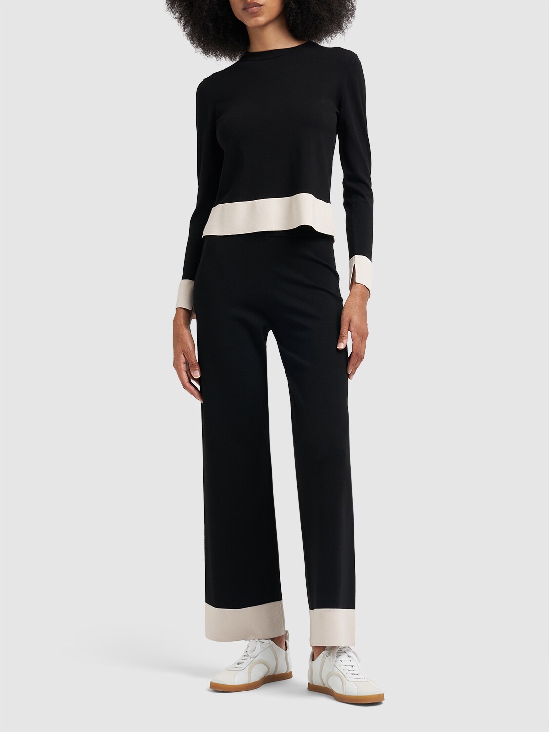 Shop 's Max Mara Colombo Viscose Knit Contrast Hem Pants In Black,ivory