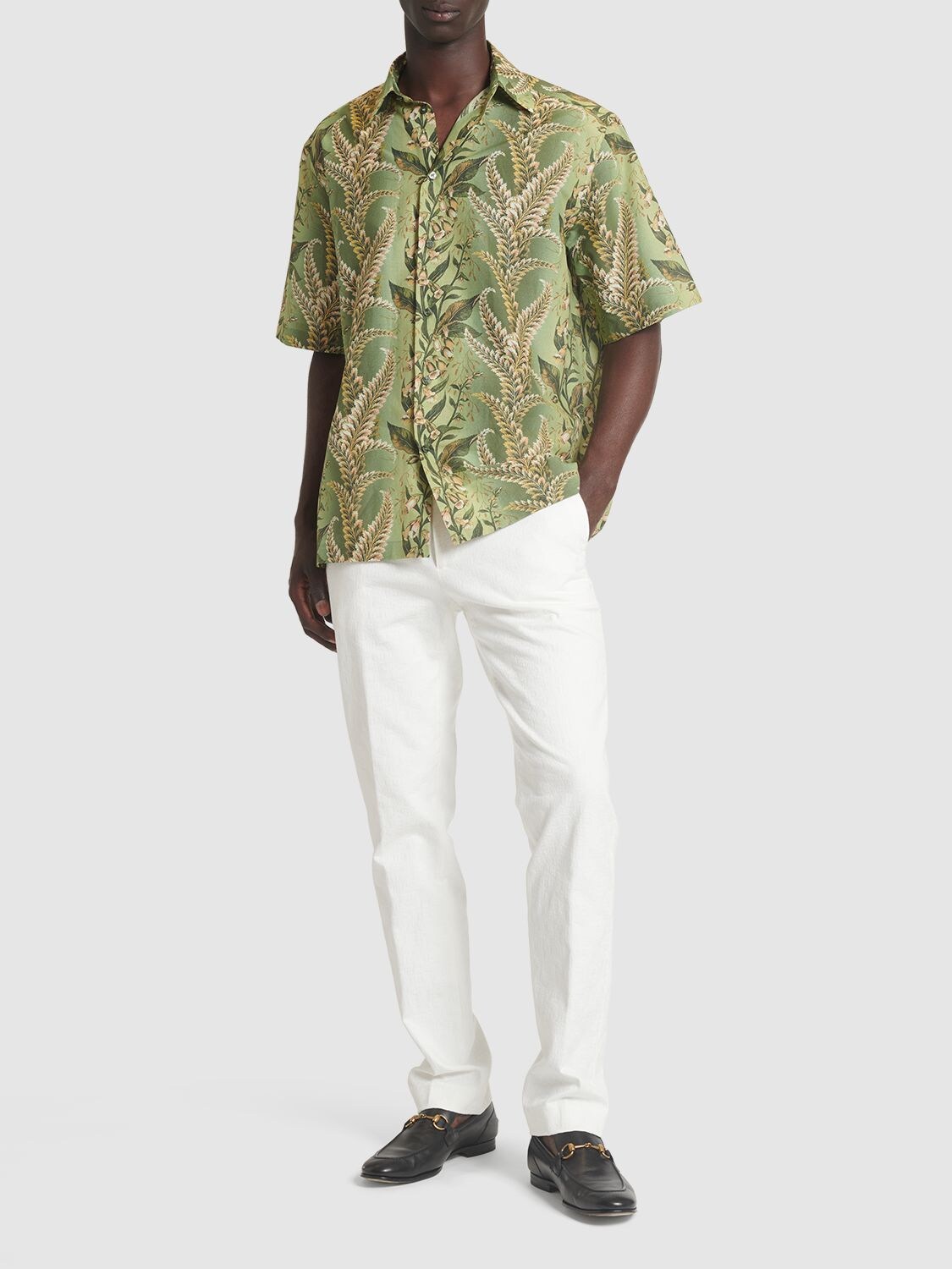 Shop Etro Floral Print S/s Cotton Shirt In Green