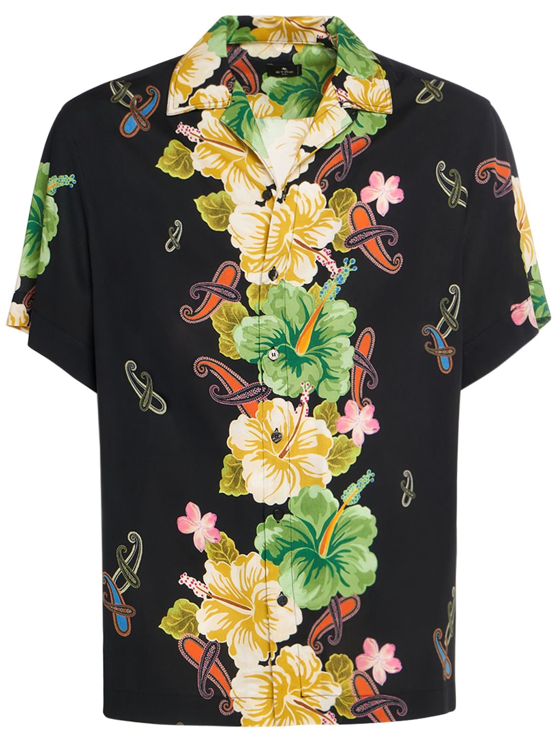 Etro Floral Cotton Short Sleeve Shirt In Black