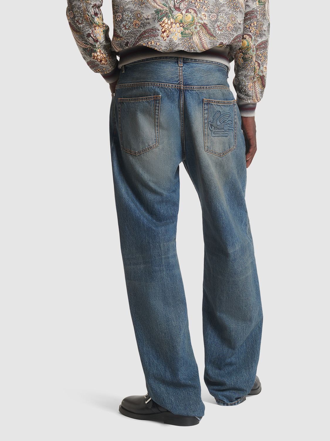 Shop Etro Faded Cotton Denim Jeans In Blue