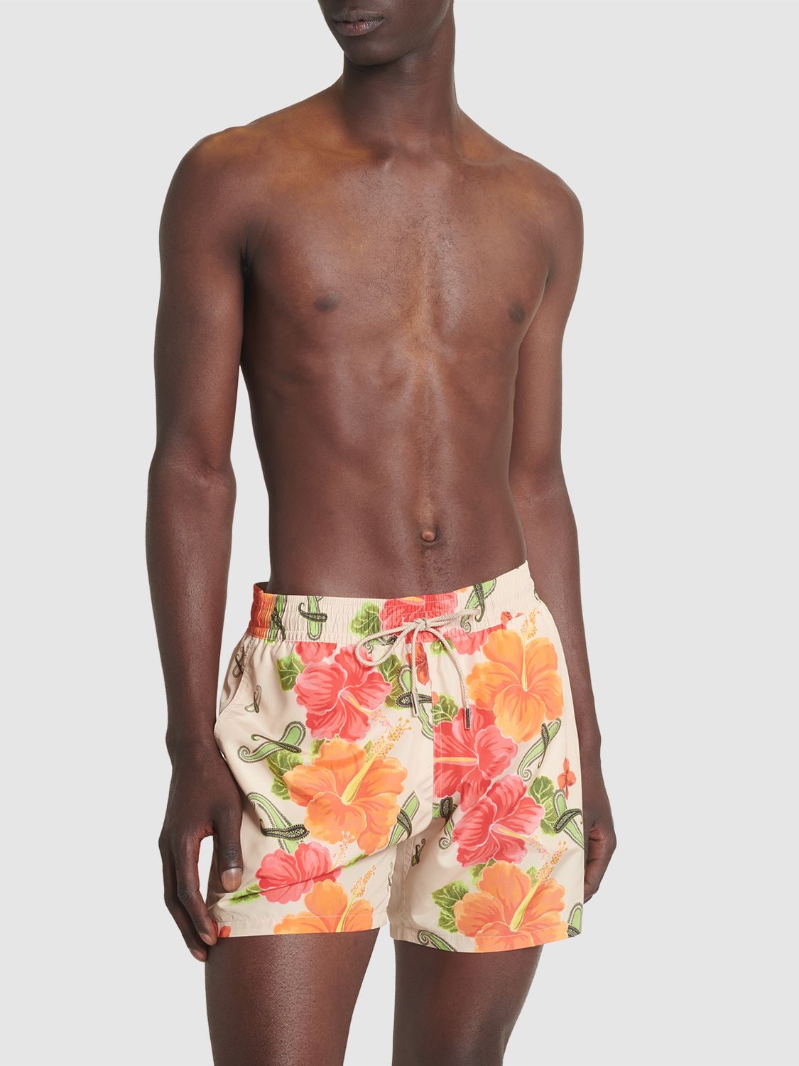 Shop Etro Floral Printed Swim Shorts In Beige,orange