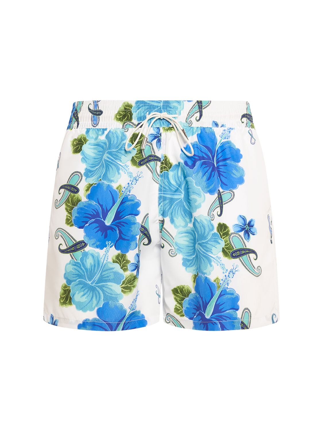 Shop Etro Floral Printed Swim Shorts In White,blue