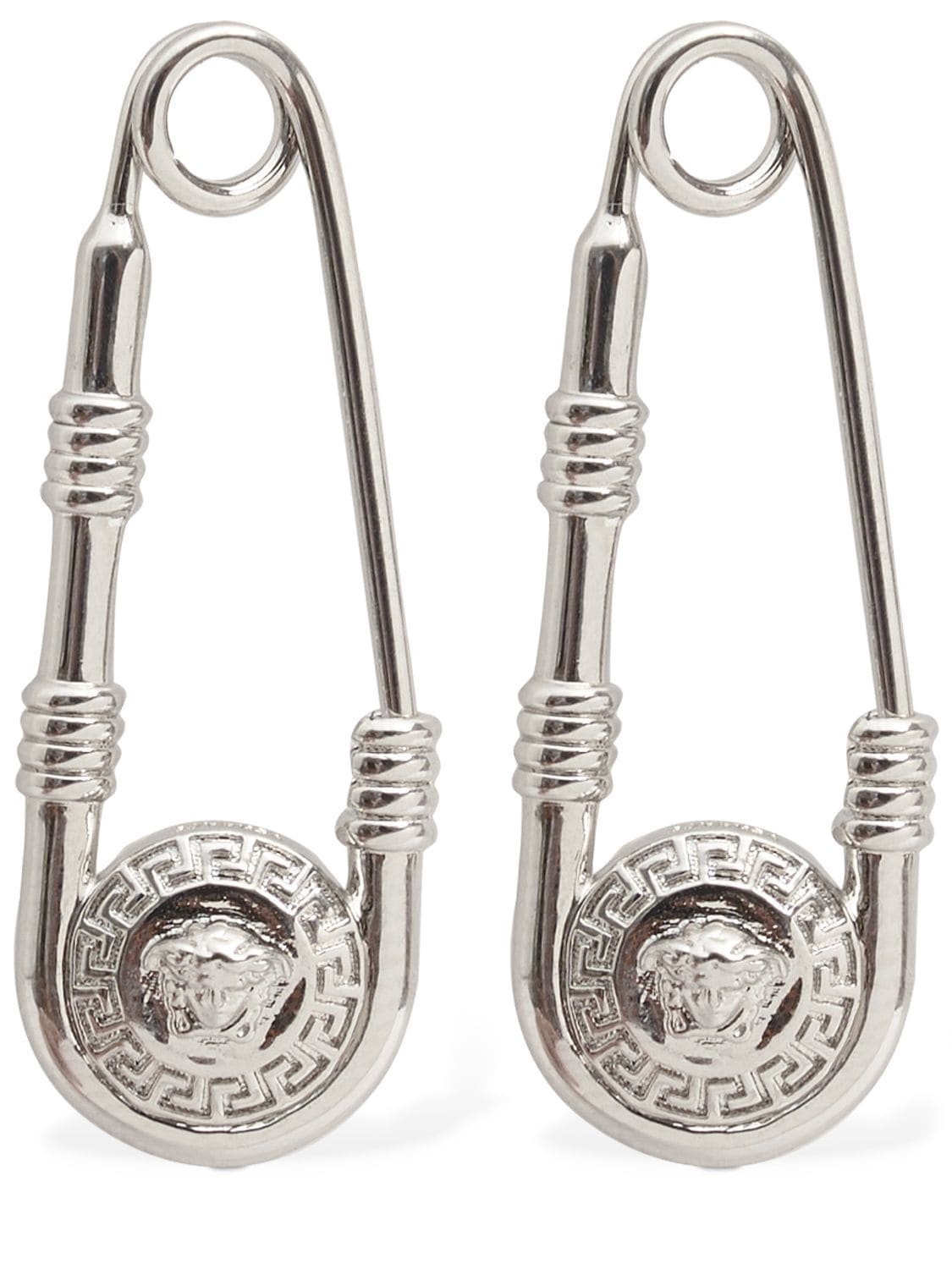 Versace Metal Logo Earrings In Palladium