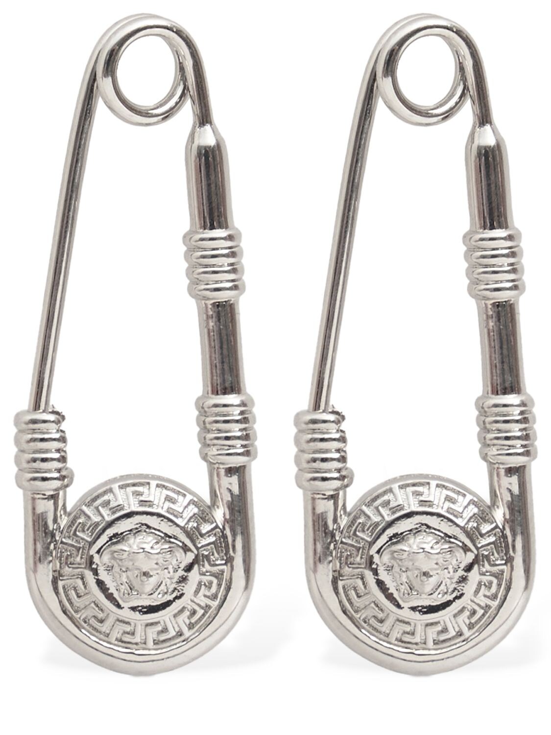 Shop Versace Metal Logo Earrings In Palladium
