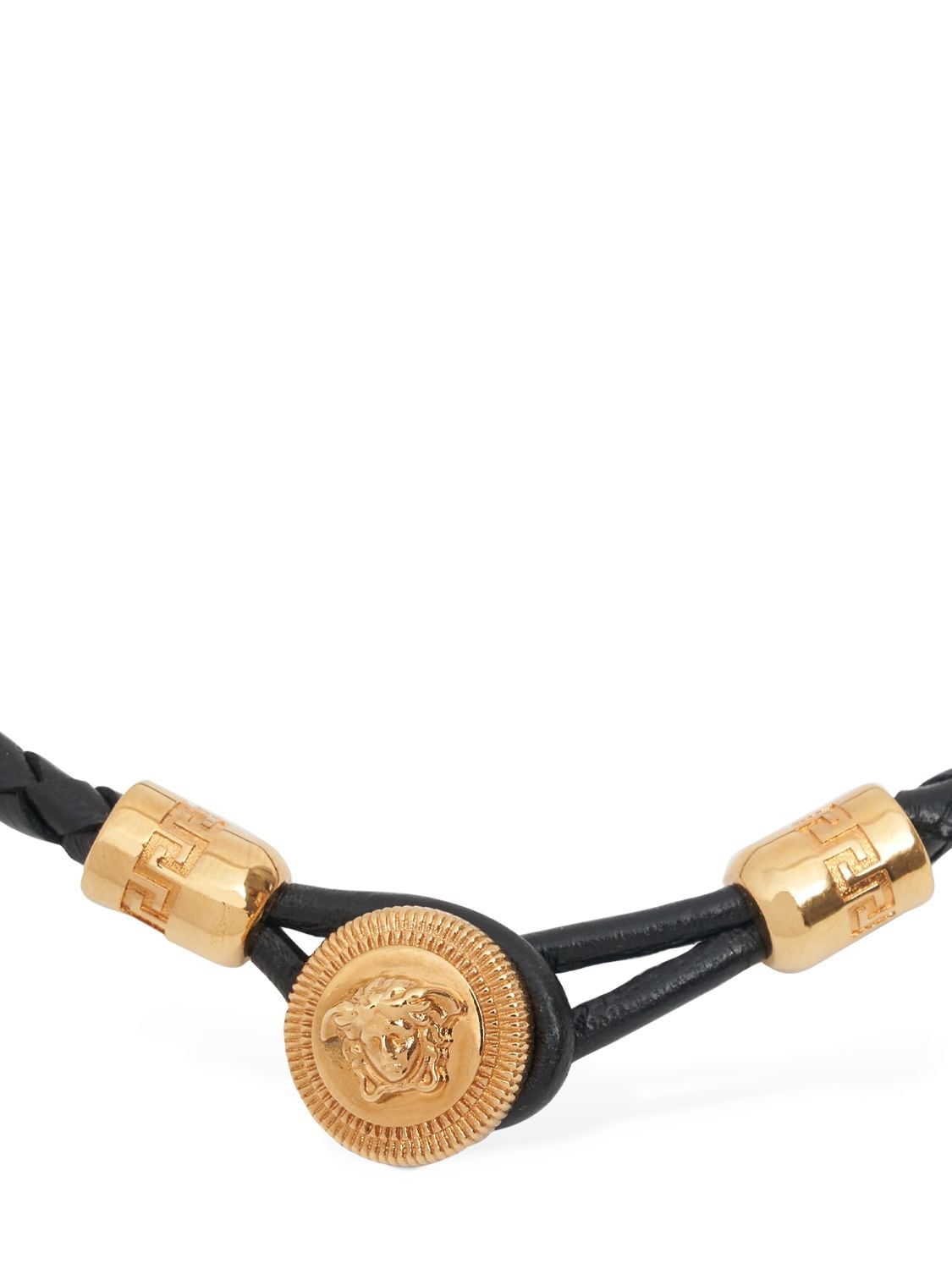 Shop Versace Metal & Leather Bracelet In Black,gold