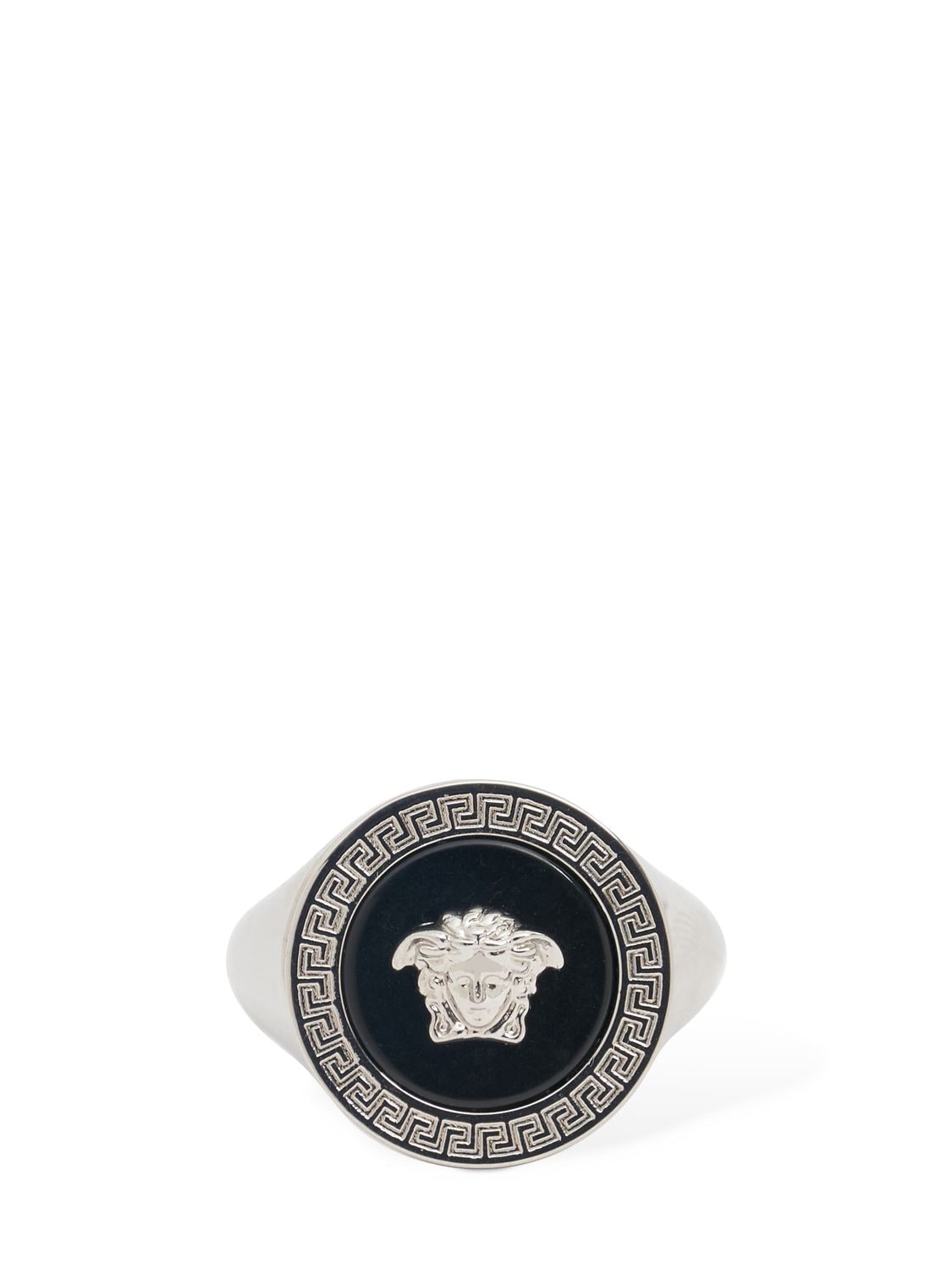 Shop Versace Metal Logo Ring In Silver,black