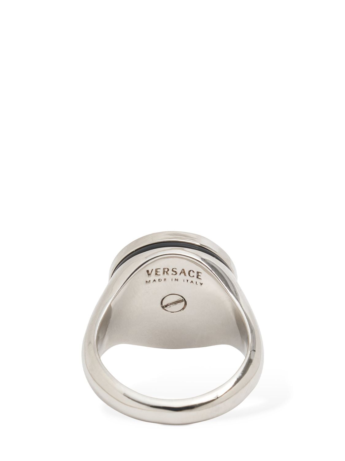 Shop Versace Metal Logo Ring In Silver,black