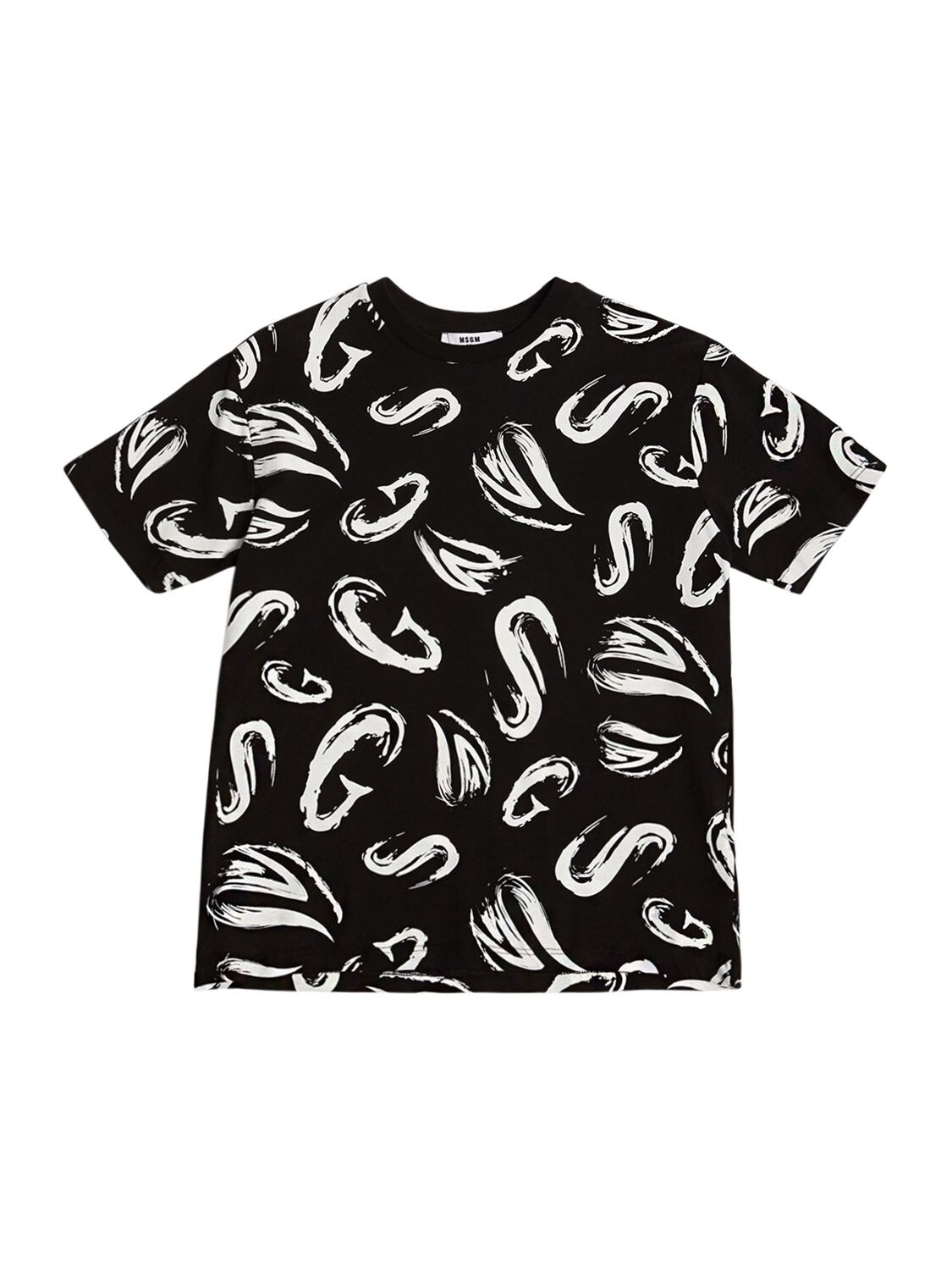 Msgm Kids' All Over Print Cotton Jersey T-shirt In Black,white