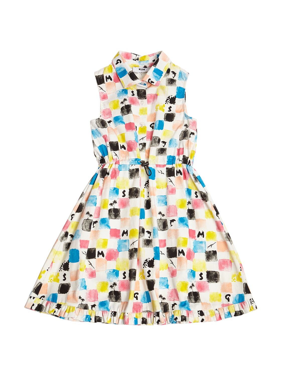 Msgm Kids' Printed Cotton Satin Shirt Dress In Multicolor