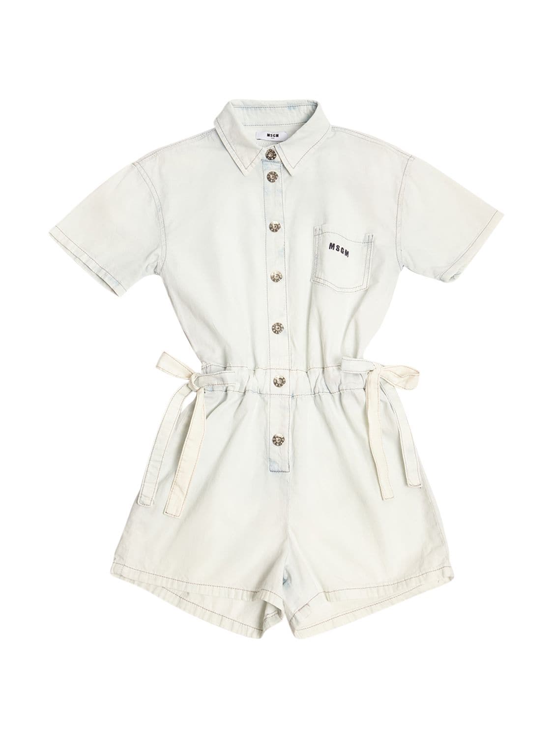 Msgm Kids' Cotton Chambray Jumpsuit In Light Blue