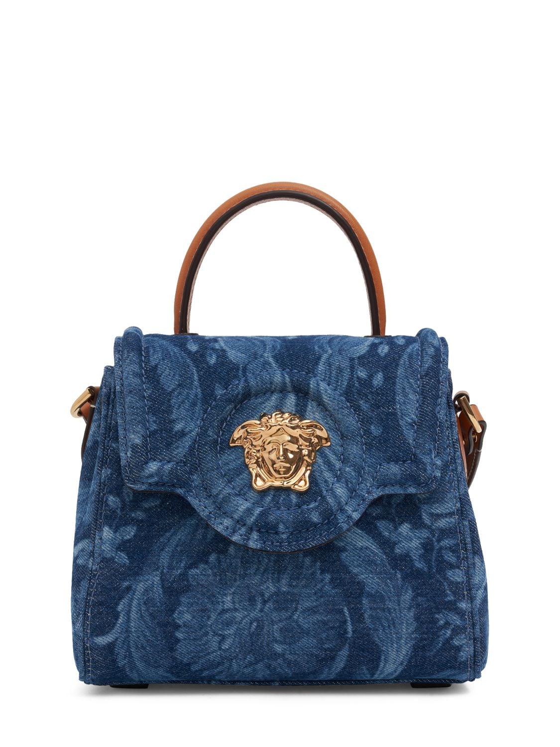 Versace La Medusa Floral Denim Top-handle Bag In Blue Camel