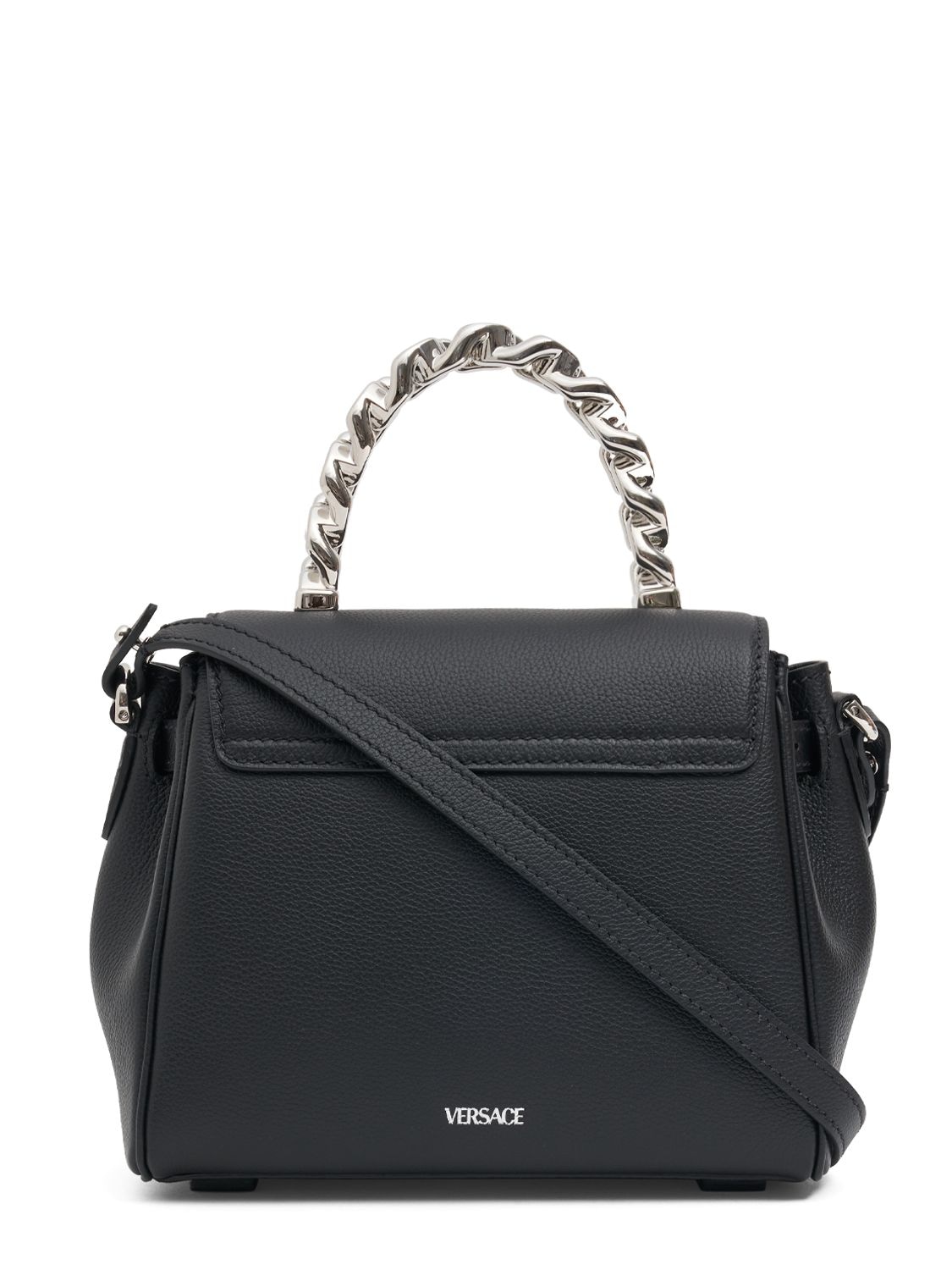 Shop Versace Small Medusa Leather Top Handle Bag In 블랙