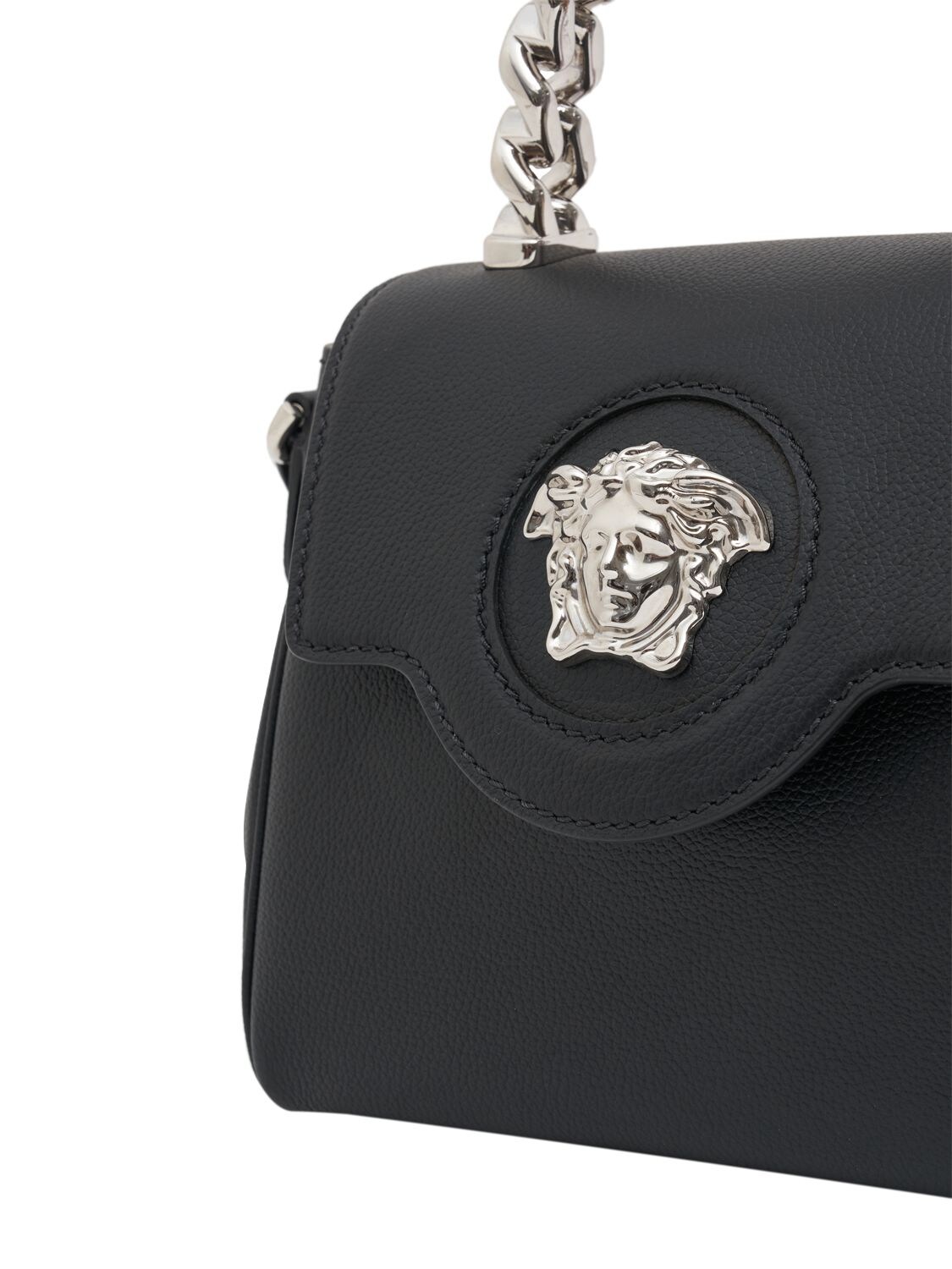 Shop Versace Small Medusa Leather Top Handle Bag In 블랙