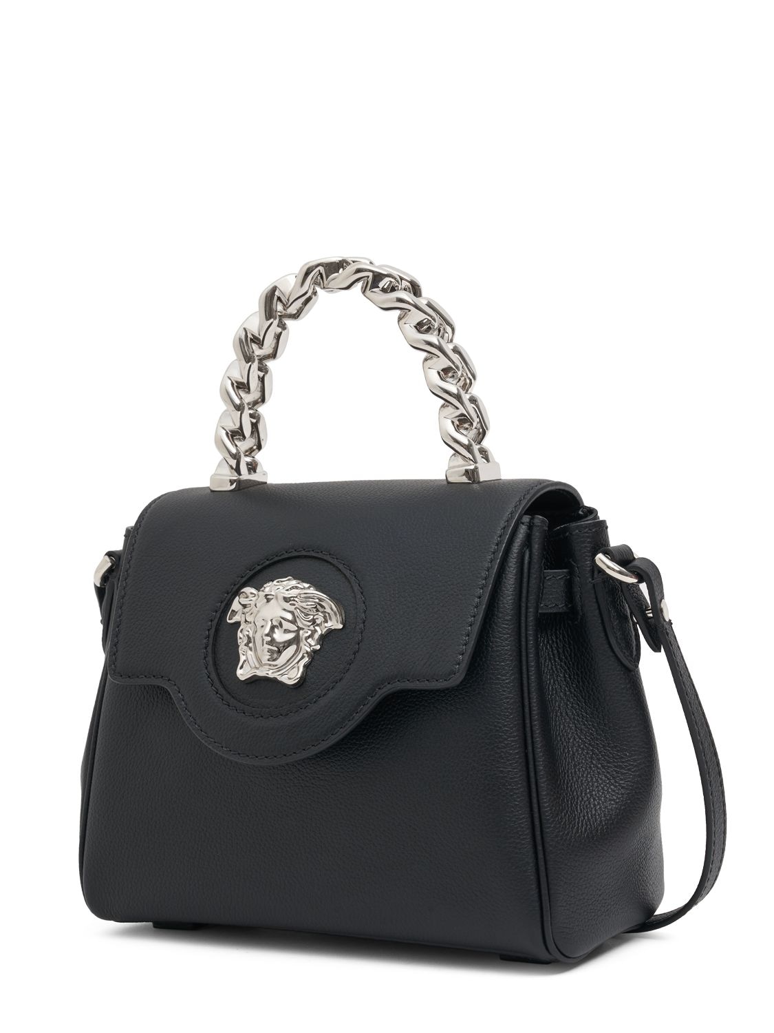 Shop Versace Small Medusa Leather Top Handle Bag In 블랙