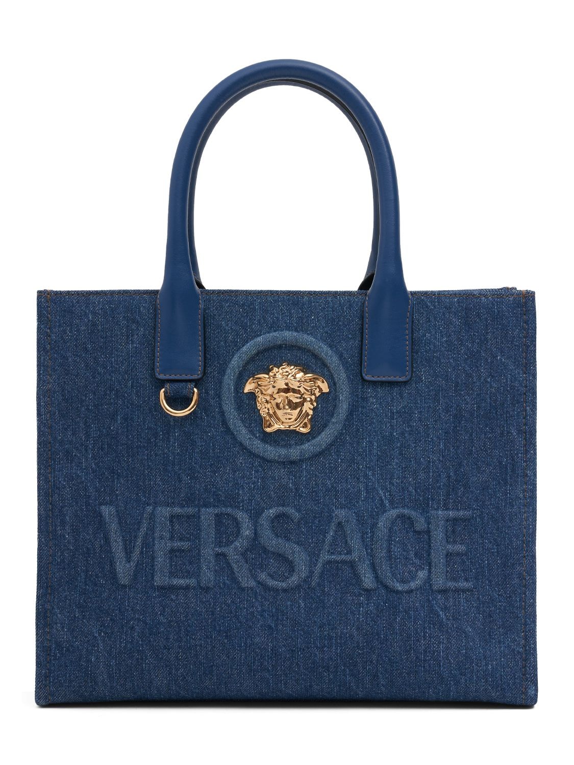Shop Versace Small Denim Tote Bag In 네이비 블루