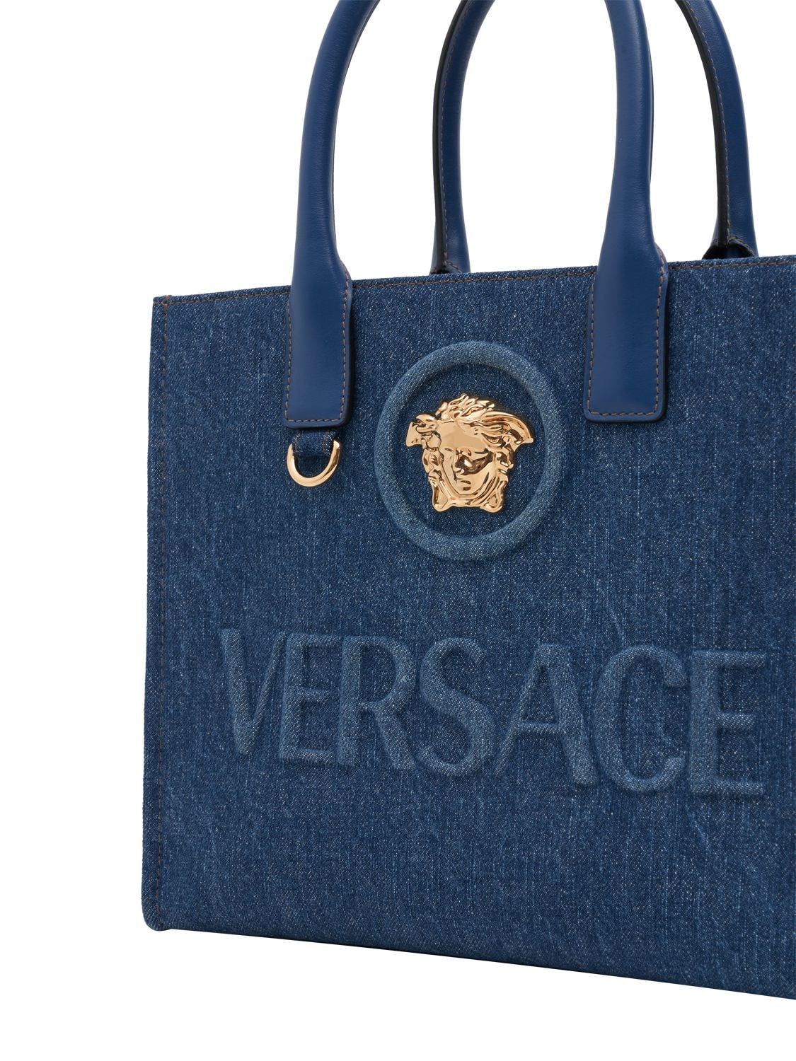 Shop Versace Small Denim Tote Bag In 네이비 블루