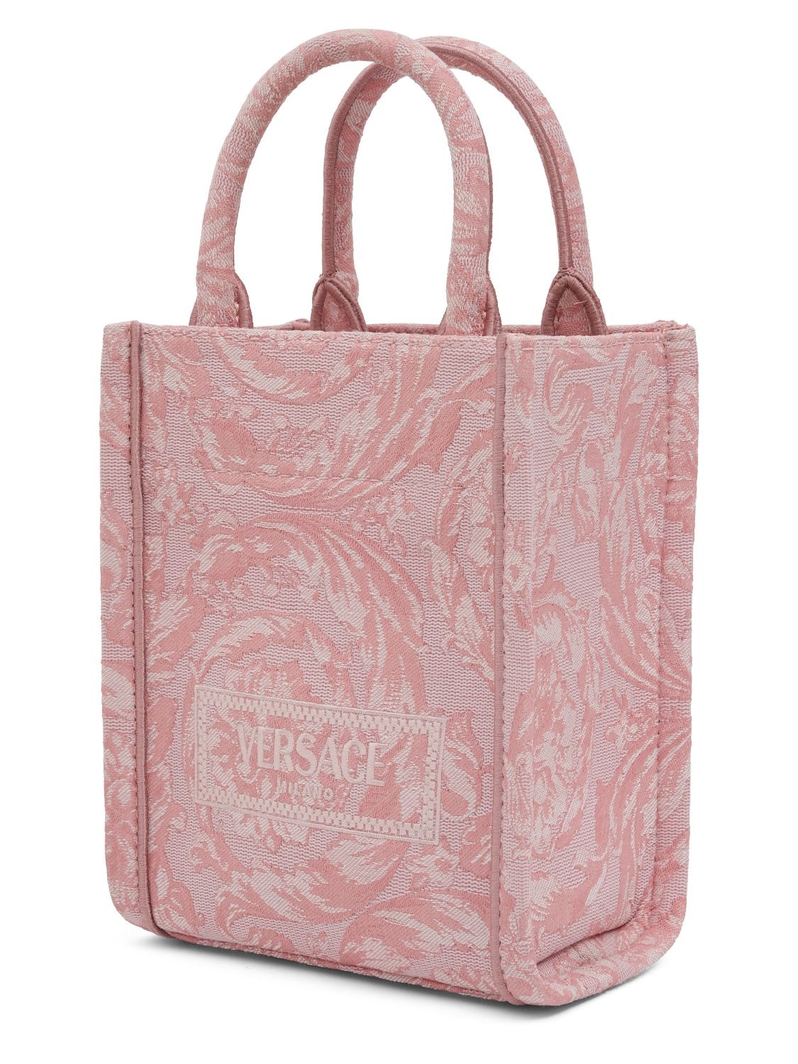 Shop Versace Mini Barocco Jacquard Tote Bag In 베이비 핑크