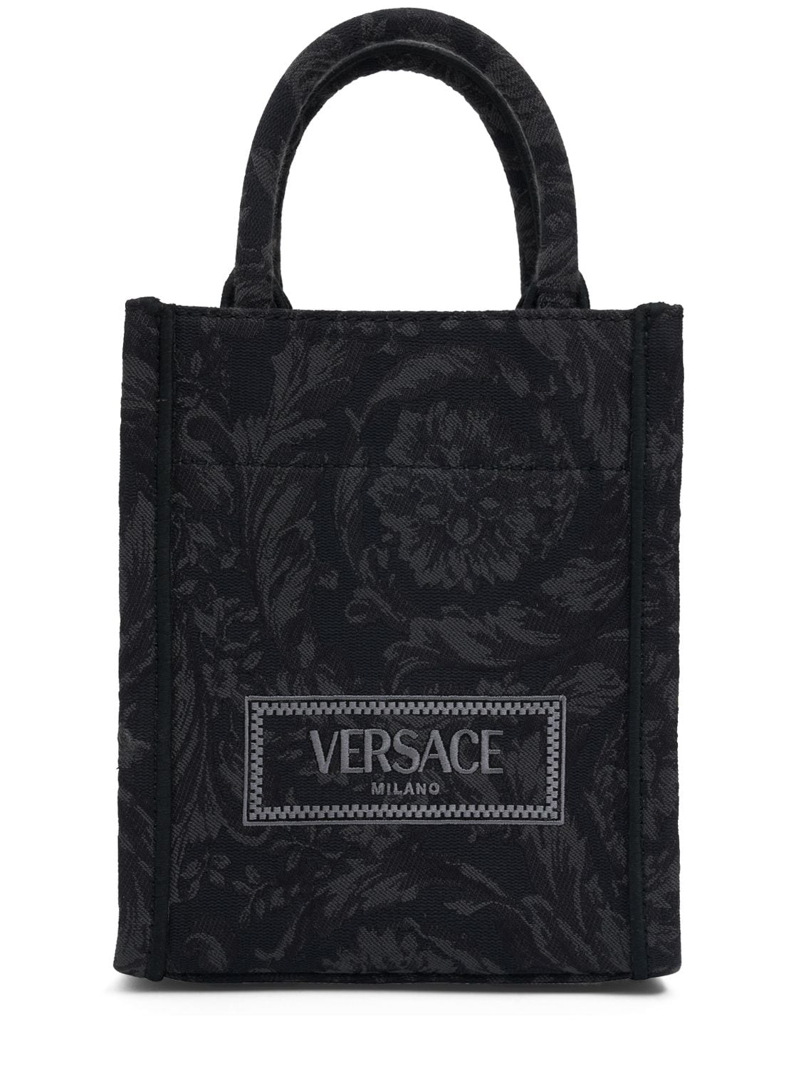 Versace Barocco提花迷你托特包 In 블랙