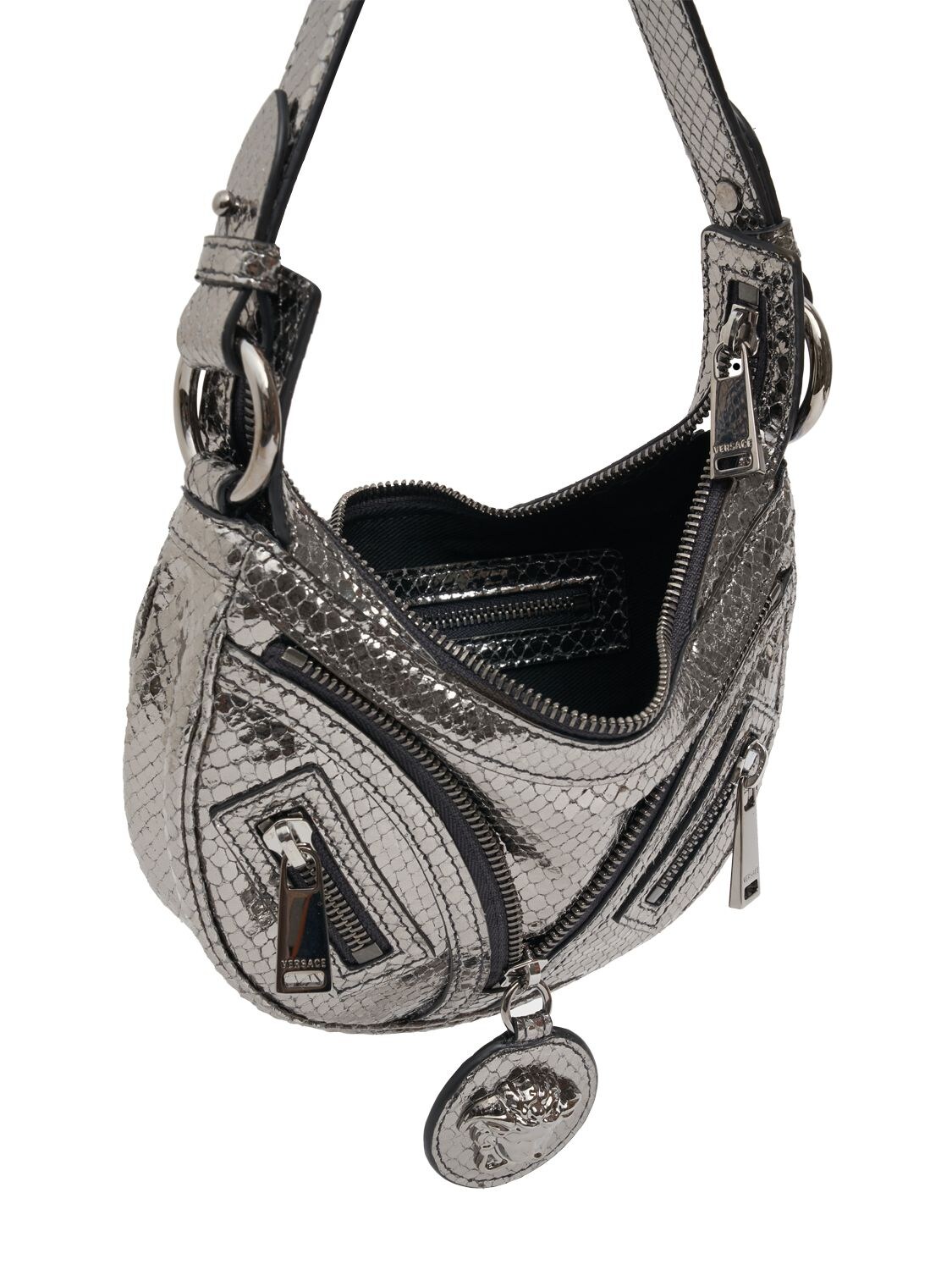 Shop Versace Mini Hobo Leather Shoulder Bag In 무연탄