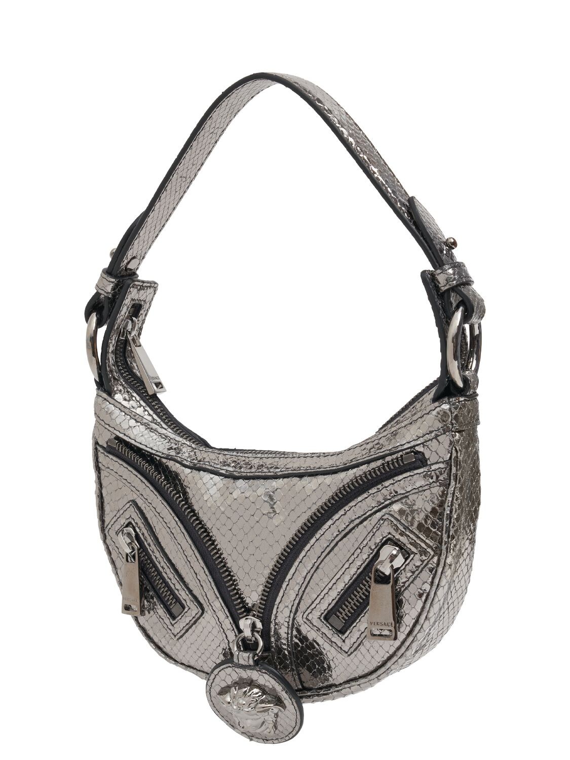 Shop Versace Mini Hobo Leather Shoulder Bag In 무연탄