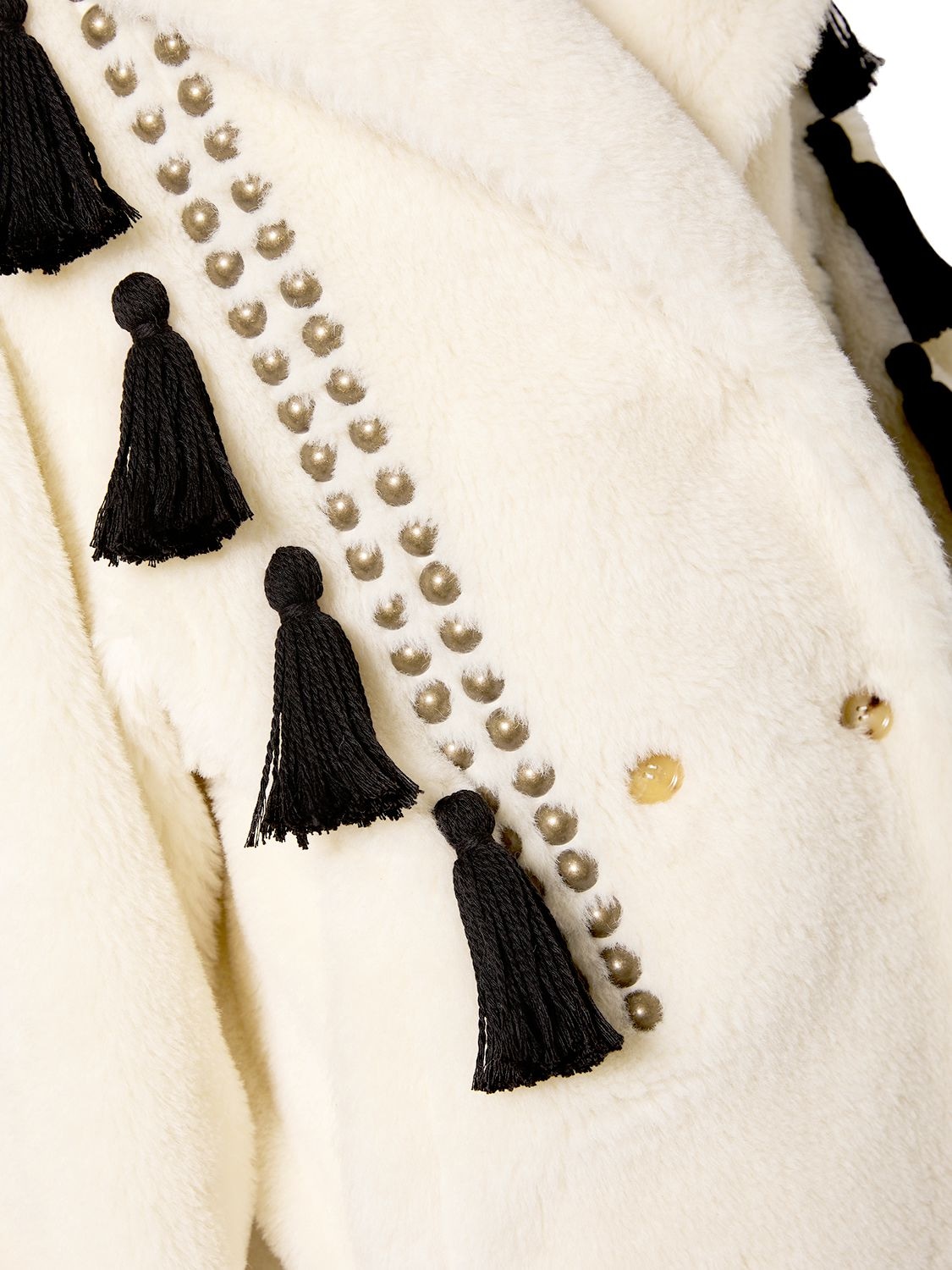Shop Max Mara Demetra Wool Blend Furry Coat W/ Tassel In Multi Ivory