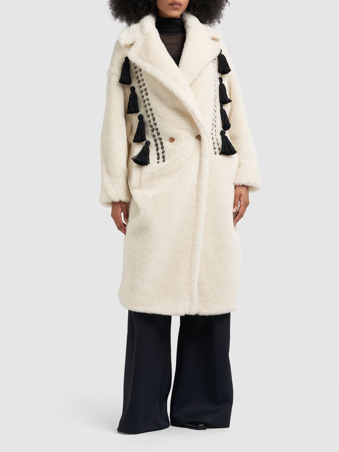 Shop Max Mara Demetra Wool Blend Furry Coat W/ Tassel In Multi Ivory
