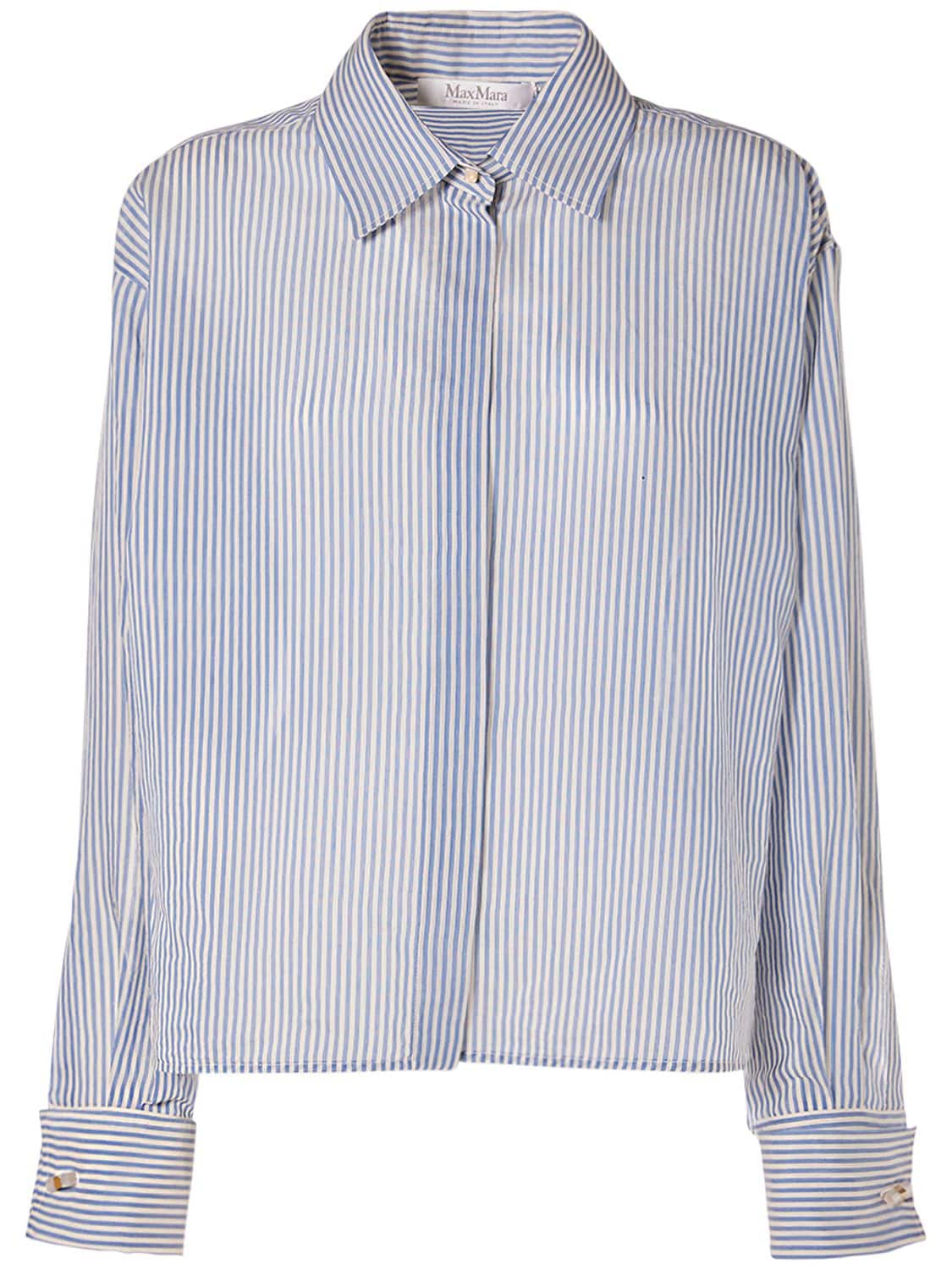 Max Mara Vertigo Striped Cotton & Silk Shirt In White,light Blue