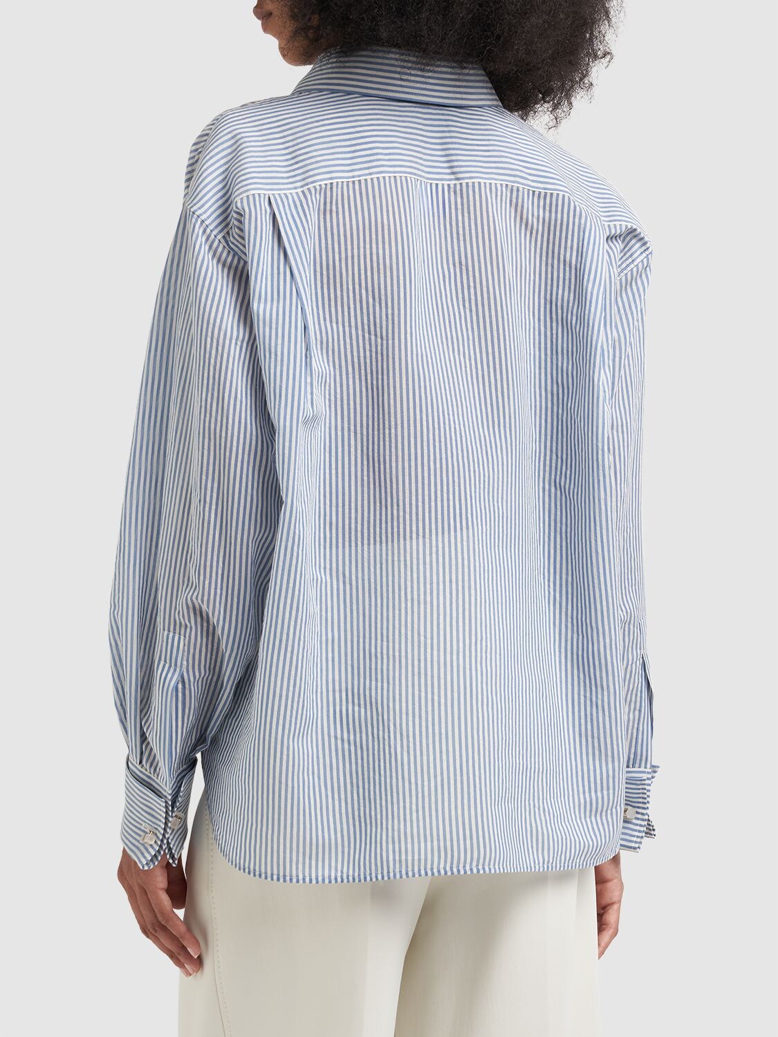 Shop Max Mara Vertigo Striped Cotton & Silk Shirt In White,light Blue