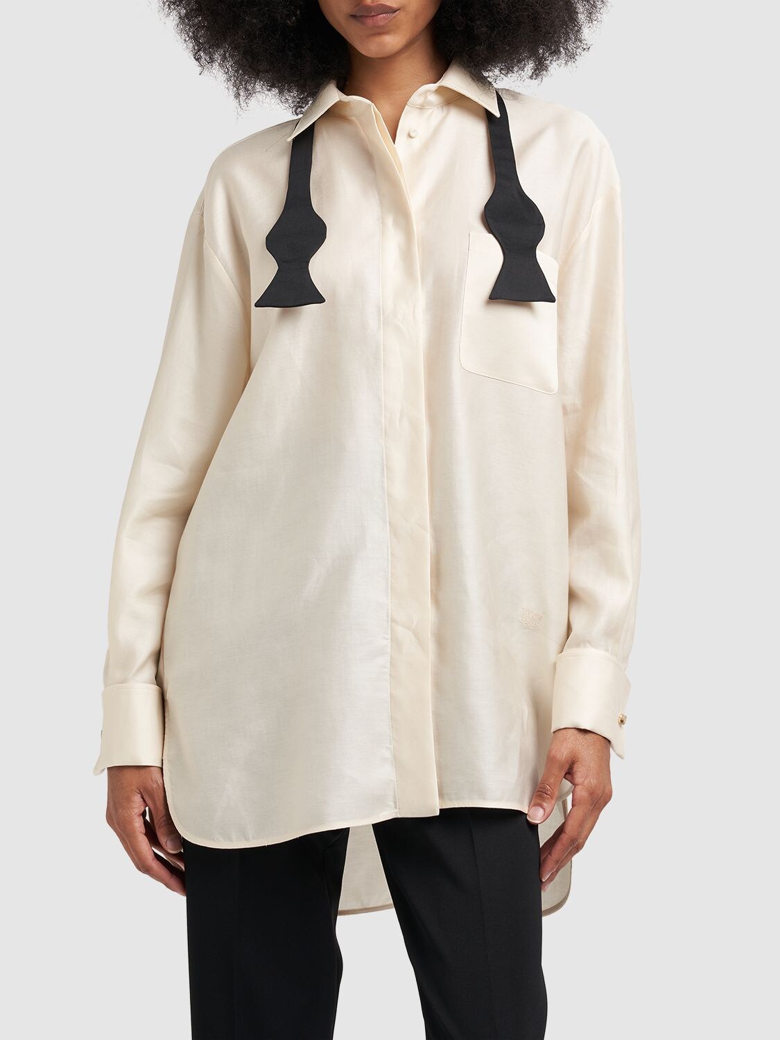Shop Max Mara Marea Cotton Shirt W/ Bow Tie In Ivory