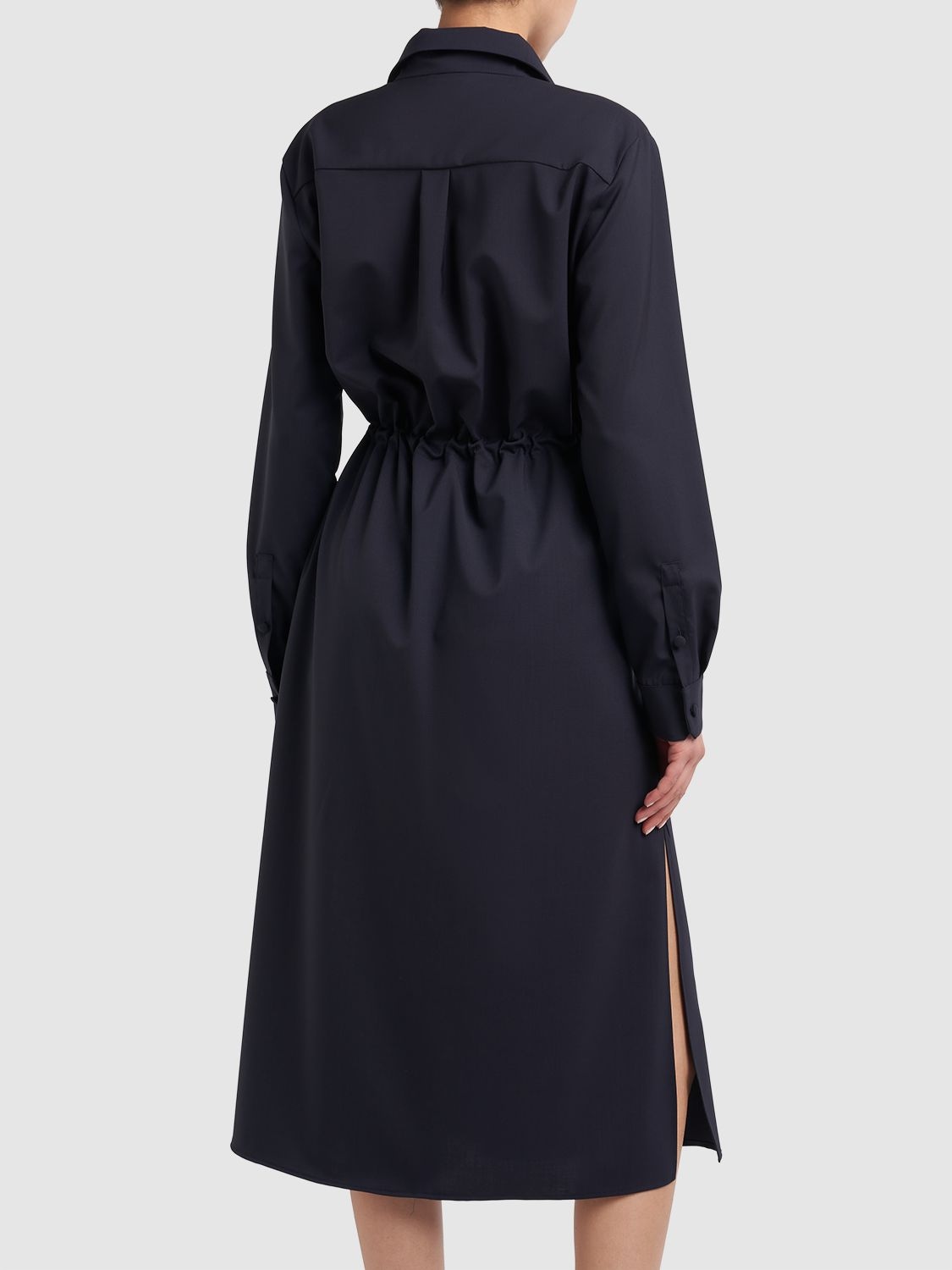 Shop Max Mara Monia Wool Long Sleeve Shirt Midi Dress In Dark Blue