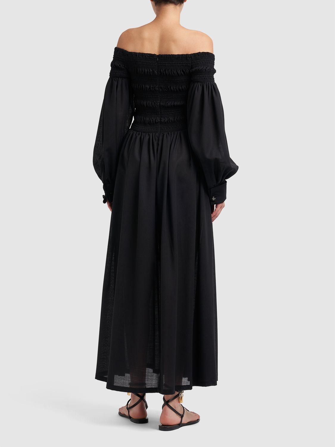 Shop Max Mara Manu Off-the-shoulder Wool Midi Dress In Black