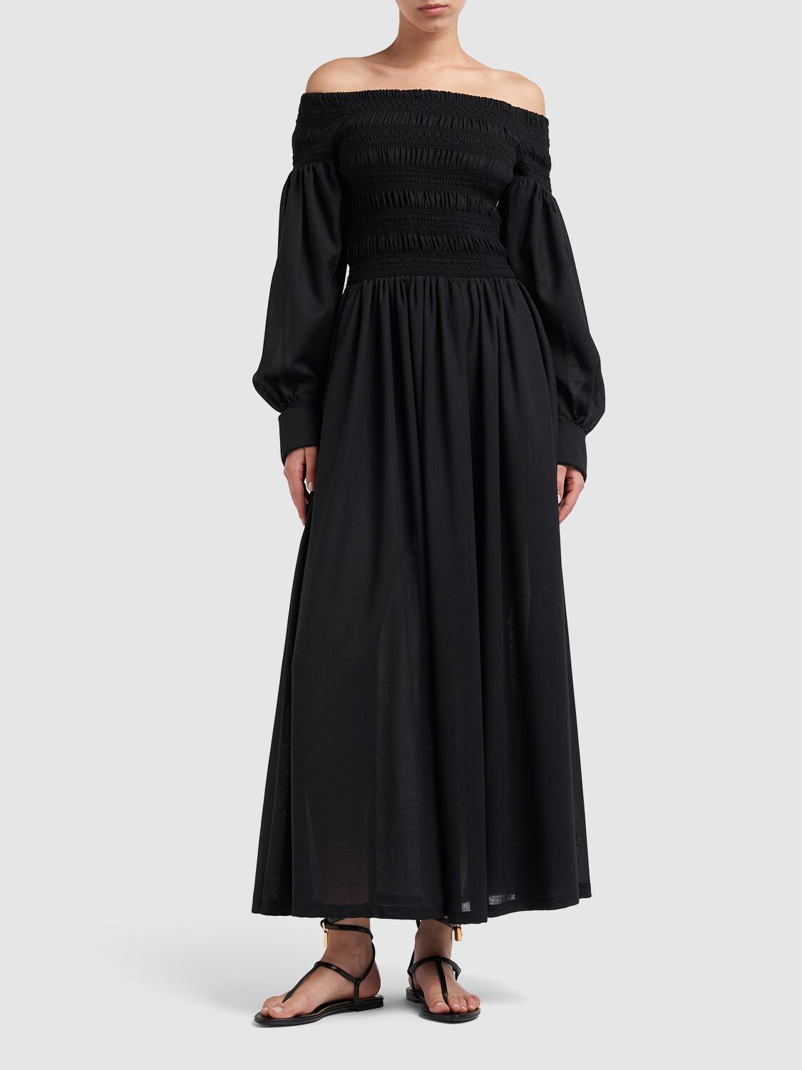 Shop Max Mara Manu Off-the-shoulder Wool Midi Dress In Black