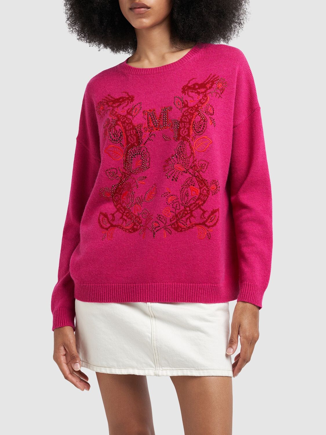 Shop Max Mara Nias Embroidered Wool & Cashmere Sweater In Fuchsia