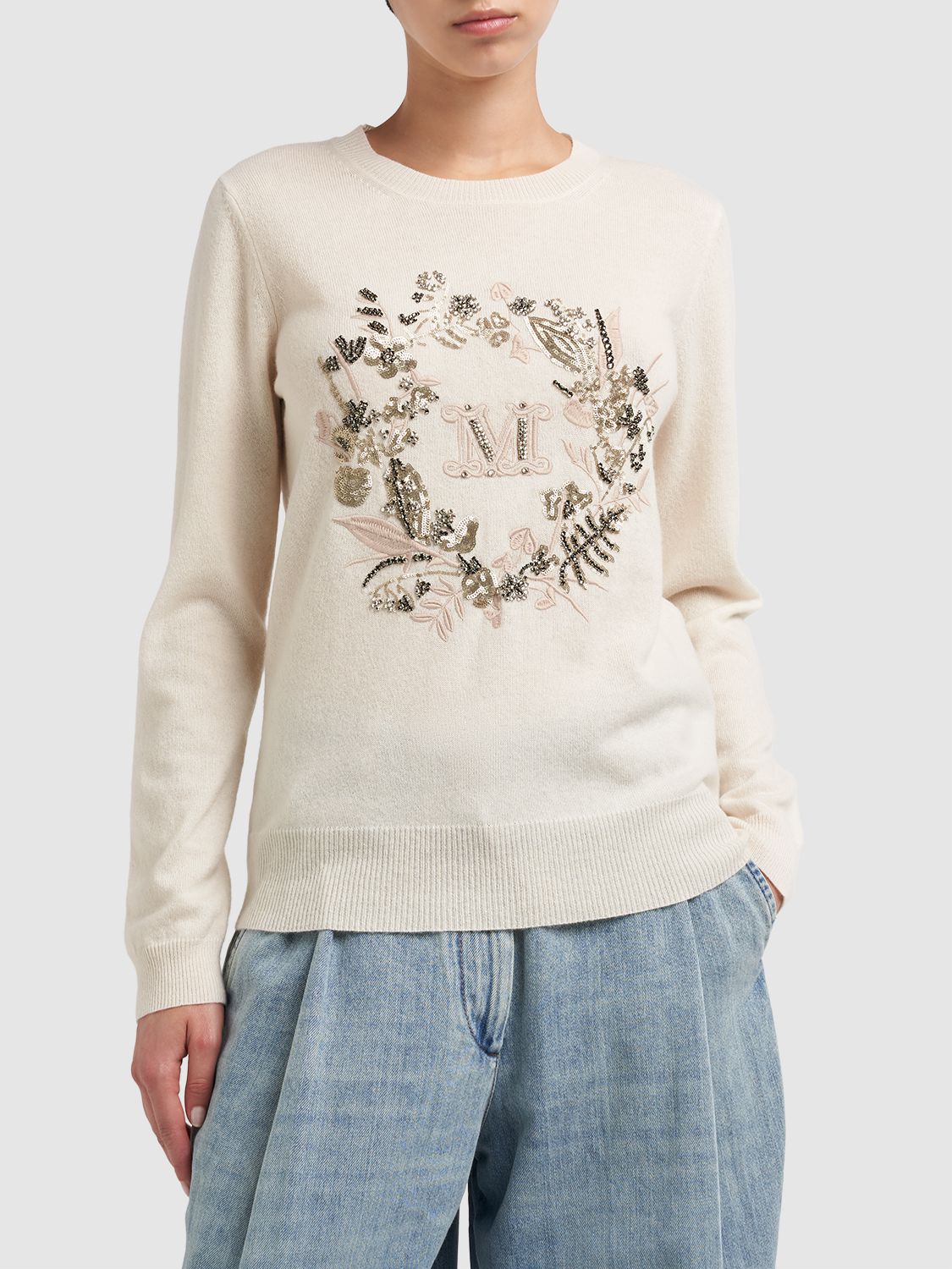 Shop Max Mara Bari Sequined Wool & Cashmere Sweater In White,multi