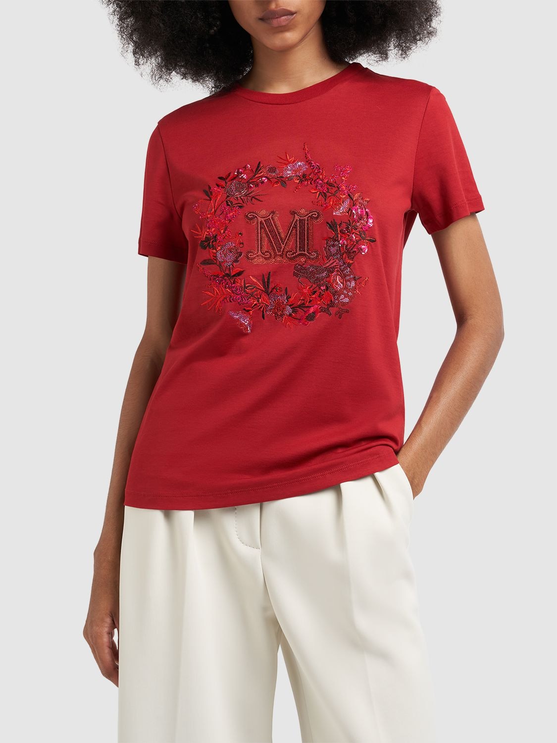 Shop Max Mara Elmo Embroidered Cotton T-shirt In Red