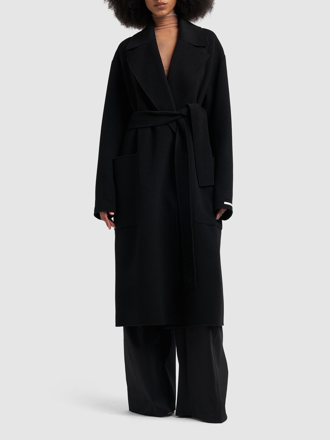 Shop Sportmax Polka Belted Wool Long Coat In Black