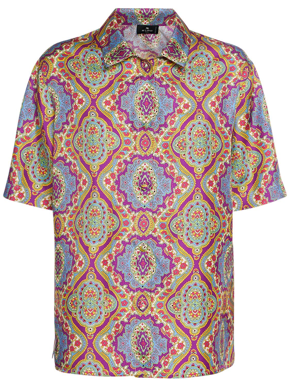 Shop Etro Printed Silk Short Sleeve Bowling Shirt In Multi Lilac