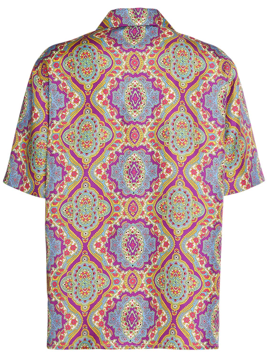 Shop Etro Printed Silk Short Sleeve Bowling Shirt In Multi Lilac