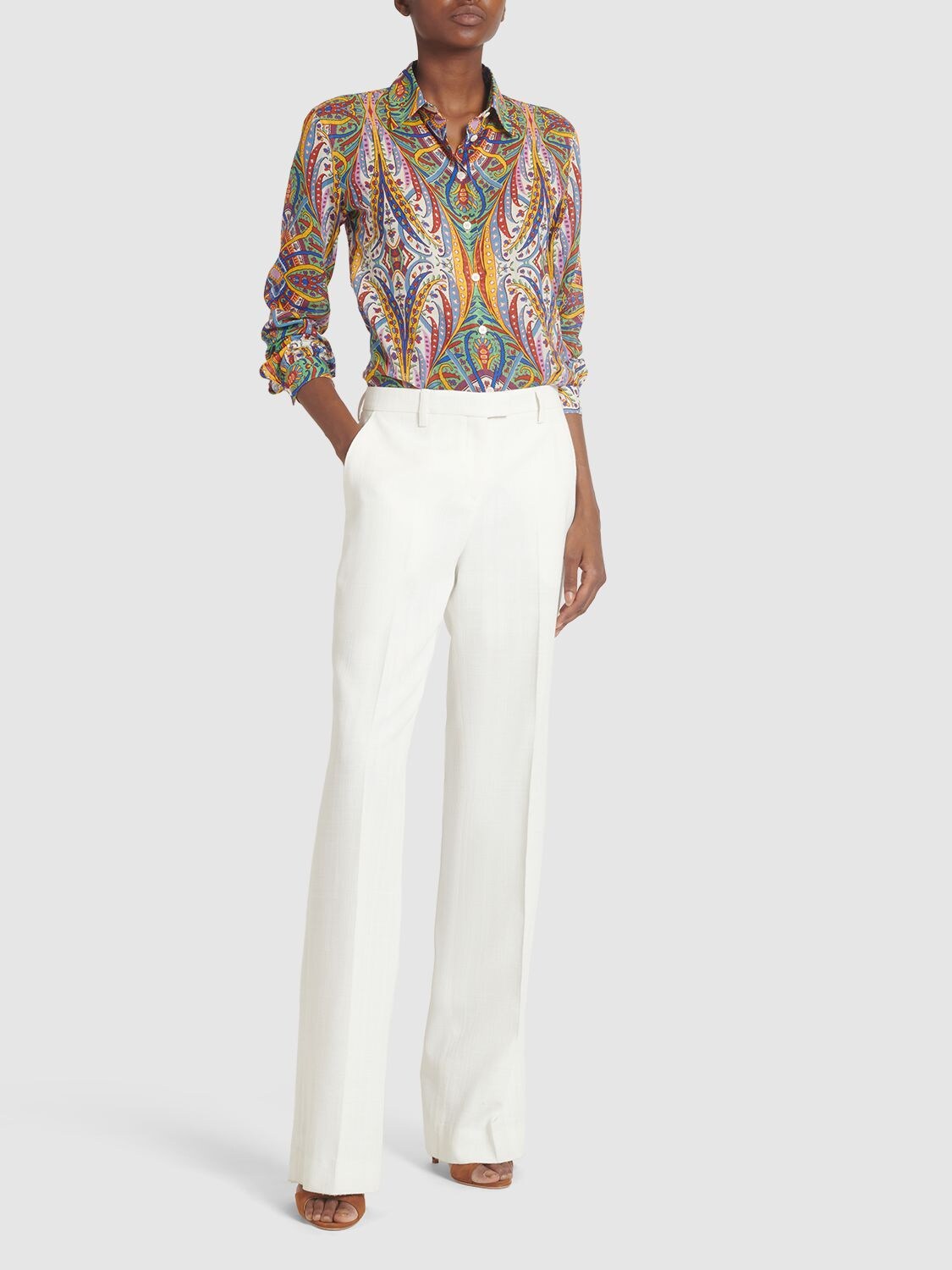 Shop Etro Mid Rise Crepe Straight Pants In White