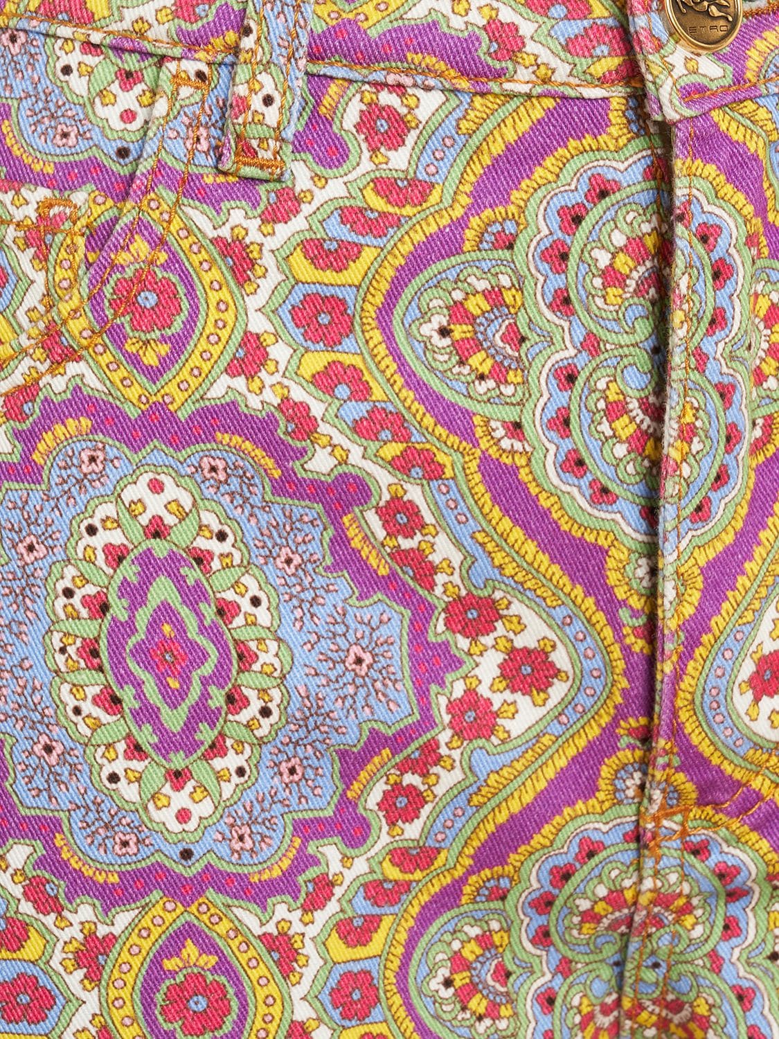 Shop Etro Printed Cotton Denim Mid Rise Shorts In Multi Lilac