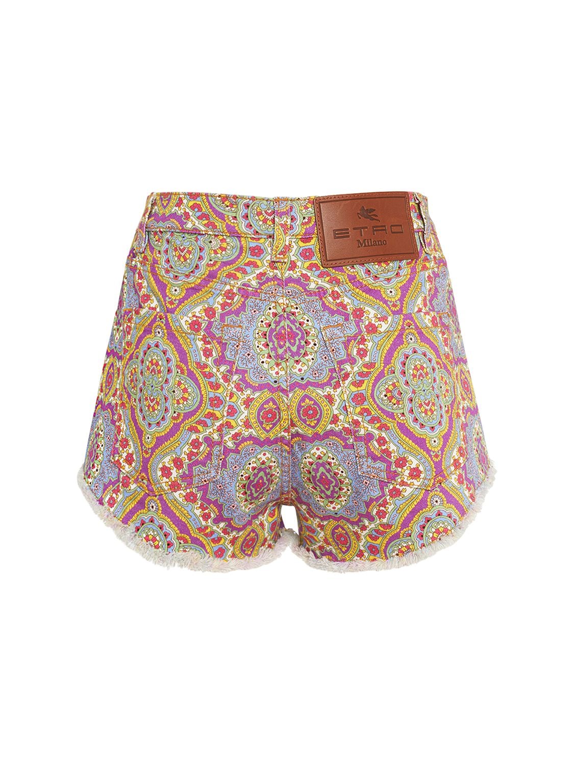 Shop Etro Printed Cotton Denim Mid Rise Shorts In Multi Lilac
