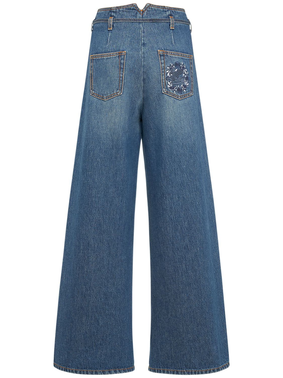 Shop Etro High Rise Denim Wide Jeans W/ Straps In Blue