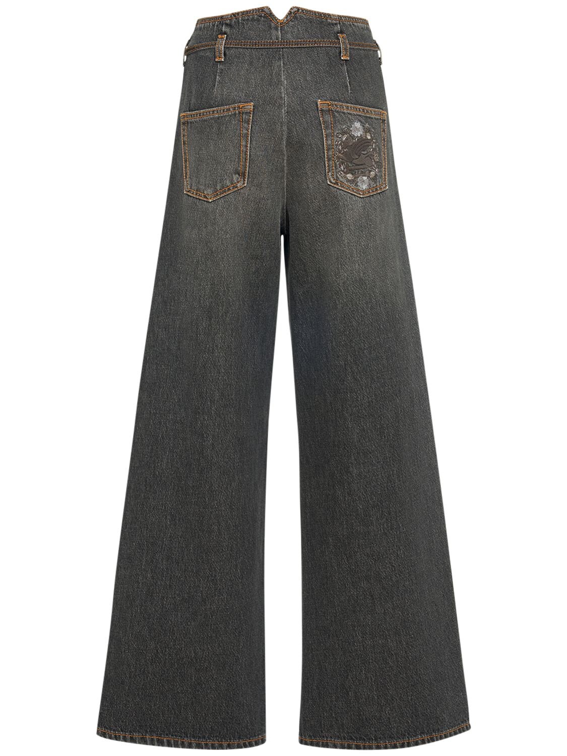 Shop Etro High Rise Denim Wide Jeans W/ Straps In Grey