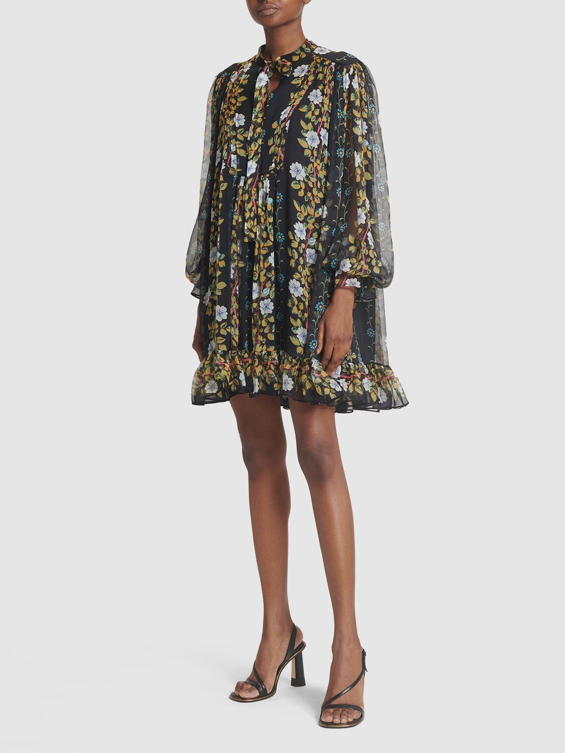 Shop Etro Silk Chiffon Printed Ruffled Mini Dress In Multi,black