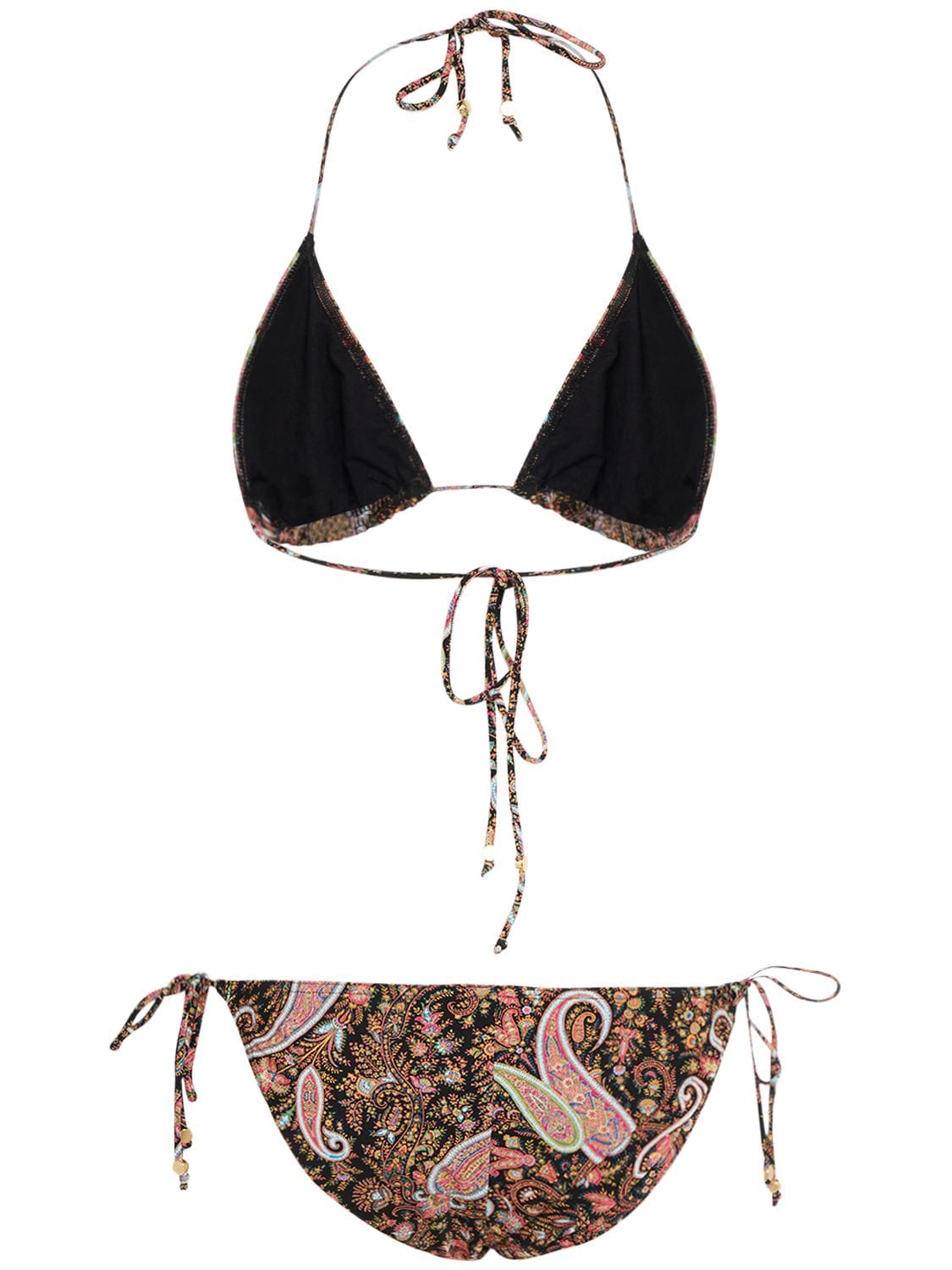 Shop Etro Printed Lycra Triangle Bikini Set In Multi,black